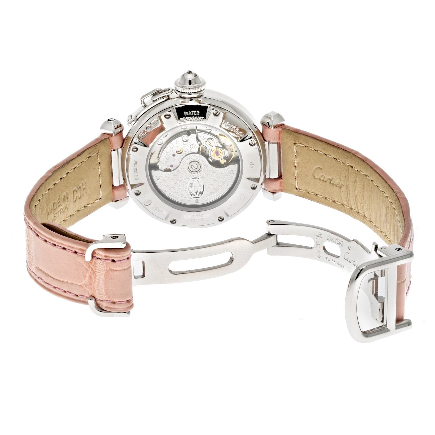 Round Cut Cartier 18k White Gold Pasha Factory Diamond Bezel 2528 Ladies Wristwatch