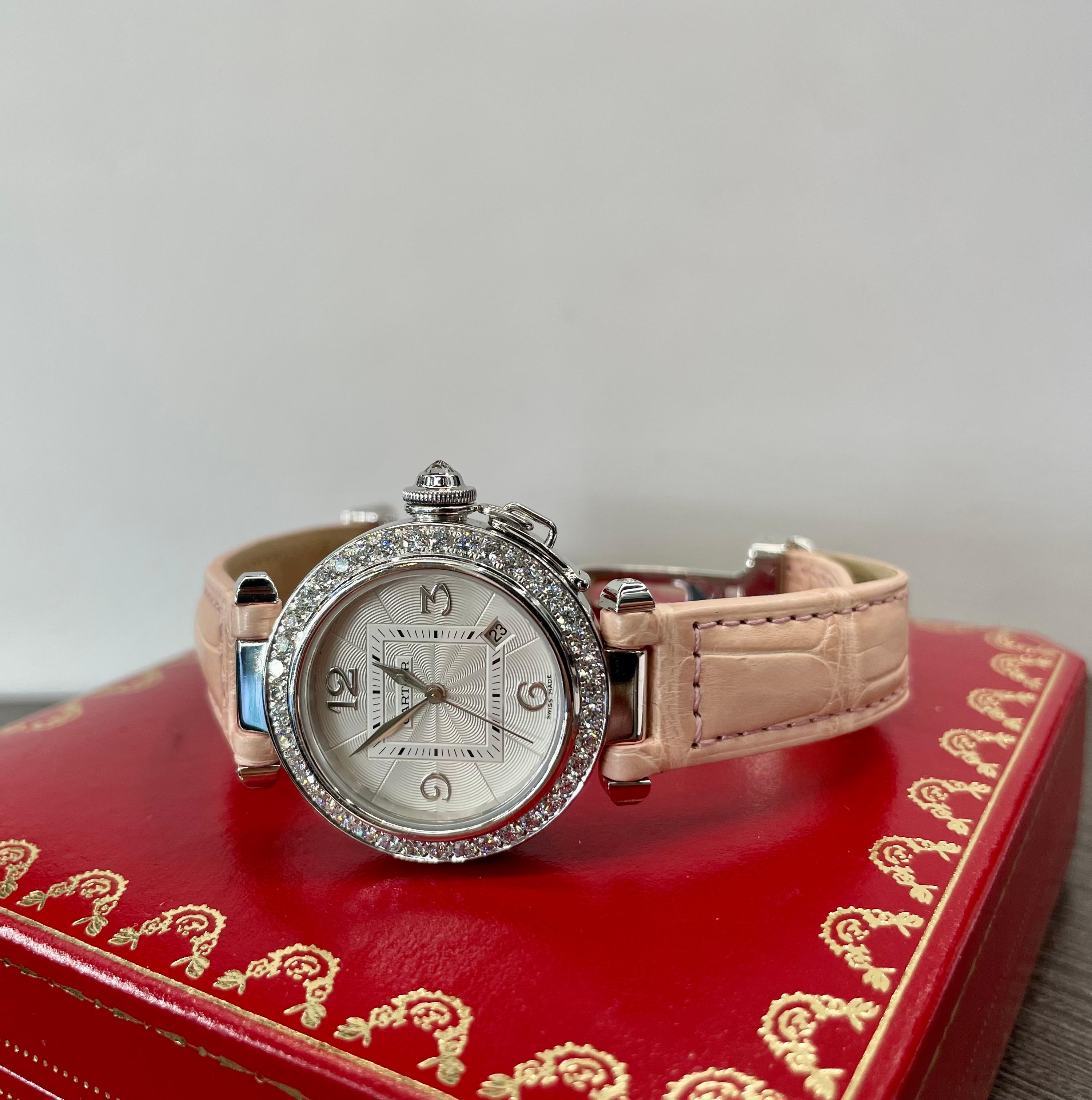 Cartier 18k White Gold Pasha Factory Diamond Bezel 2528 Ladies Wristwatch In Excellent Condition In New York, NY
