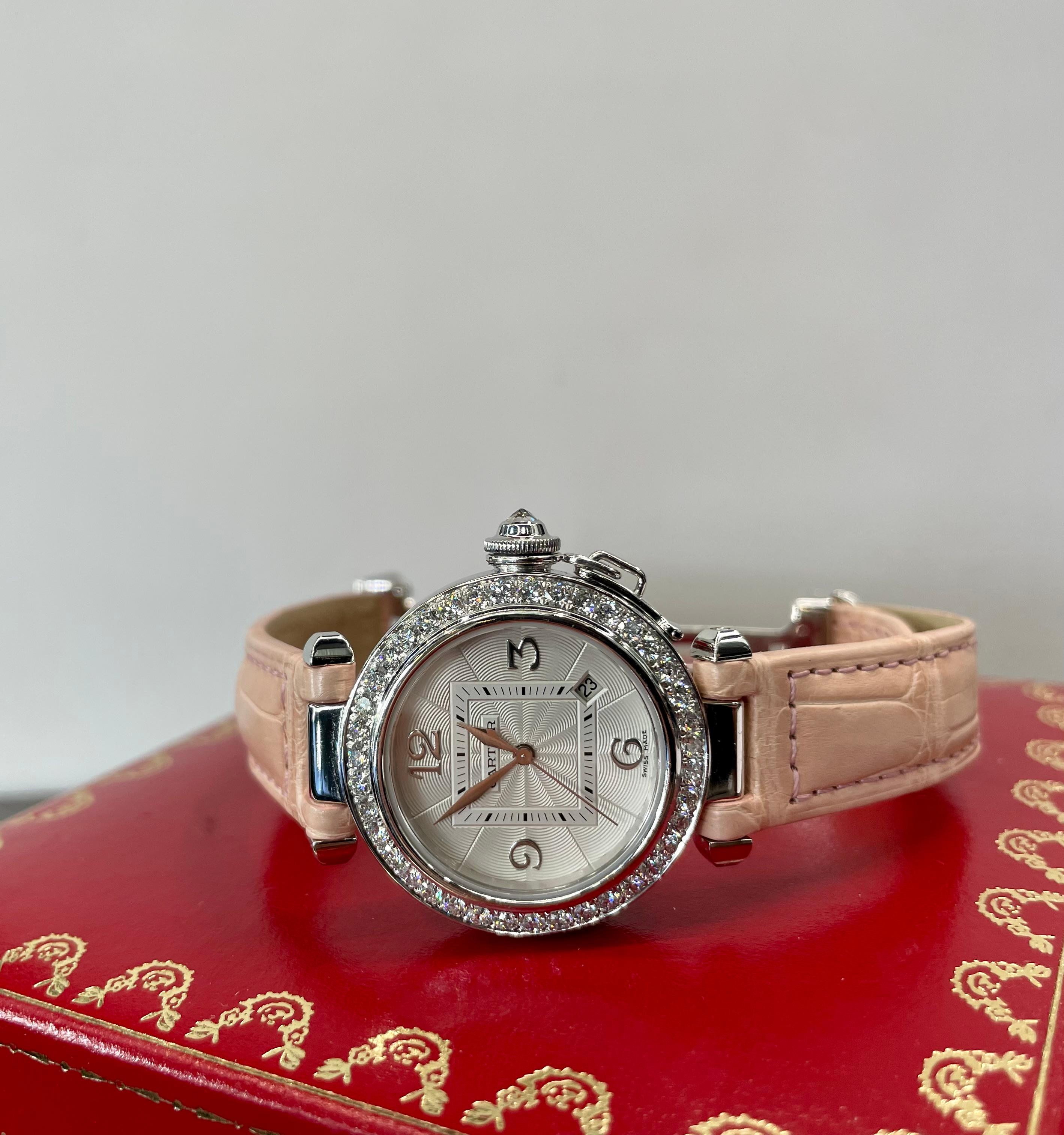 Women's Cartier 18k White Gold Pasha Factory Diamond Bezel 2528 Ladies Wristwatch