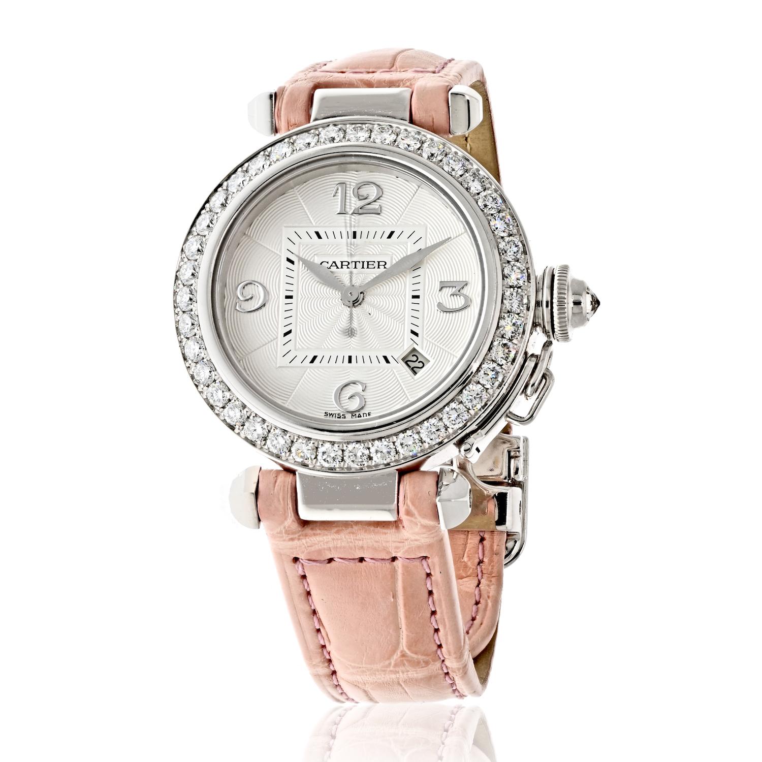 Cartier 18k White Gold Pasha Factory Diamond Bezel 2528 Ladies Wristwatch 2
