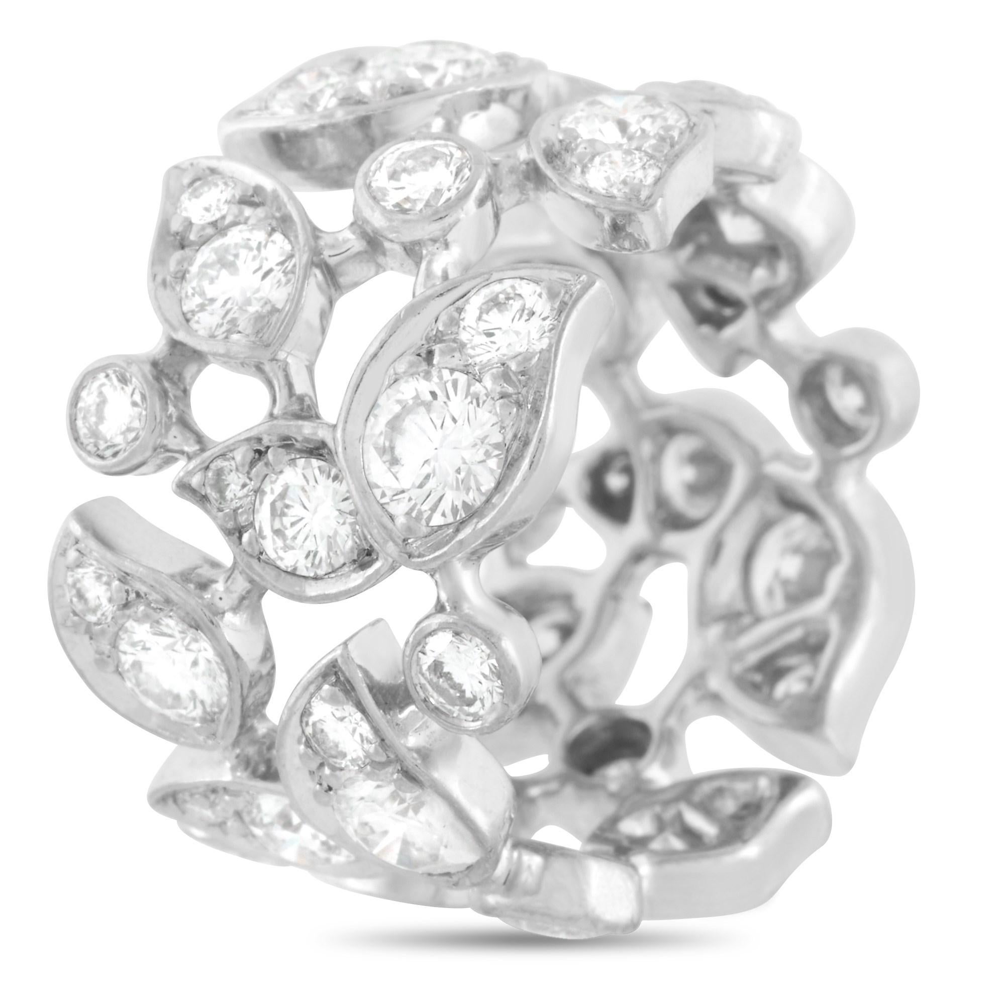 The Cartier 18K White Gold 4.50 ct Diamond Sculpted Vine Eternity Ring features a 12mm sculpted band featuring round and leaf-shaped white gold bezels. Absolutely stunning E-VVS diamonds dot every round and leaf-shaped bezel to form a vine-like
