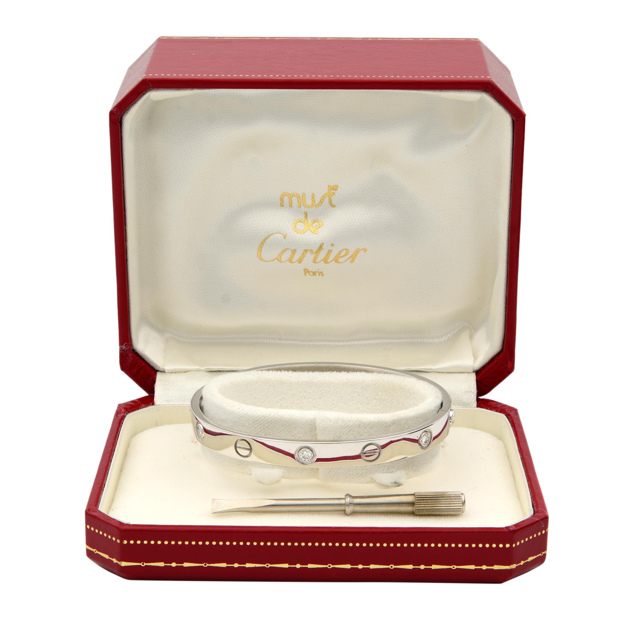 Modern Cartier 18K White Gold 6 Diamond Love Bracelet with Screwdriver Size 17