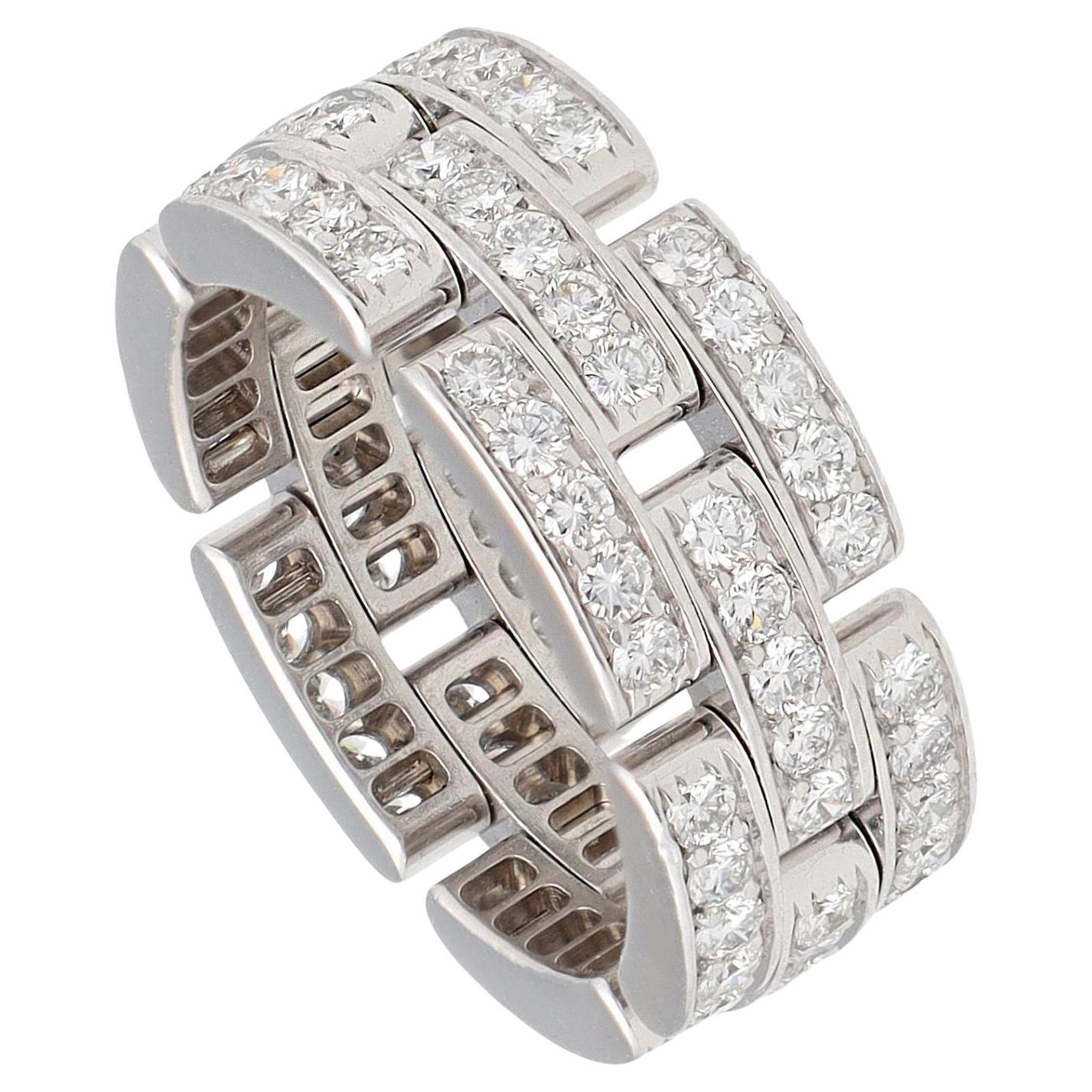 Cartier 18K White Gold and Diamond 3-row Panther Link Ring For Sale