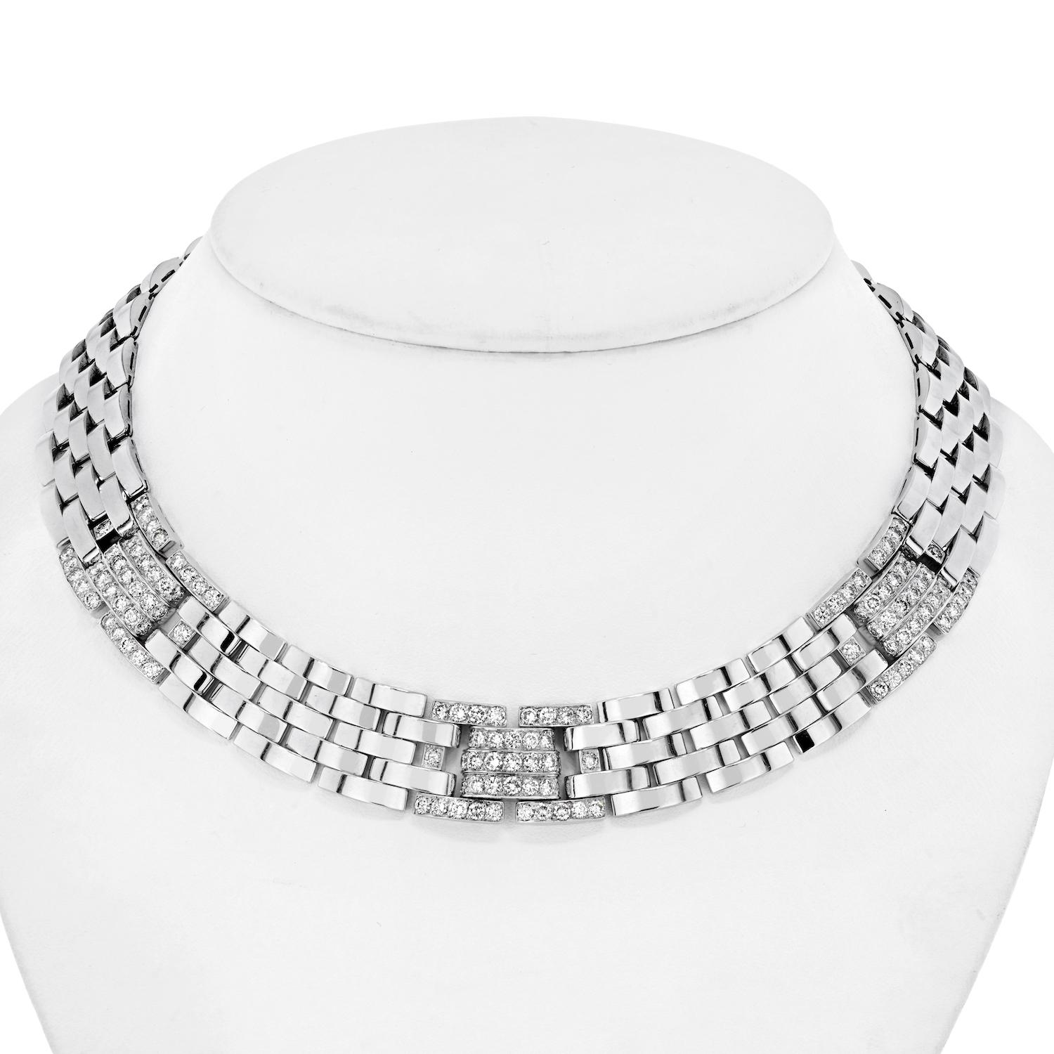 Diamond and Gold ‘Maillon Panthère’ Necklace, Cartier.

This dramatic Cartier collar necklace is all glamour, with diamond and white gold links. We’d love to see this with a strapless gown as well as with an open-collar silk shirt or jumpsuit for a
