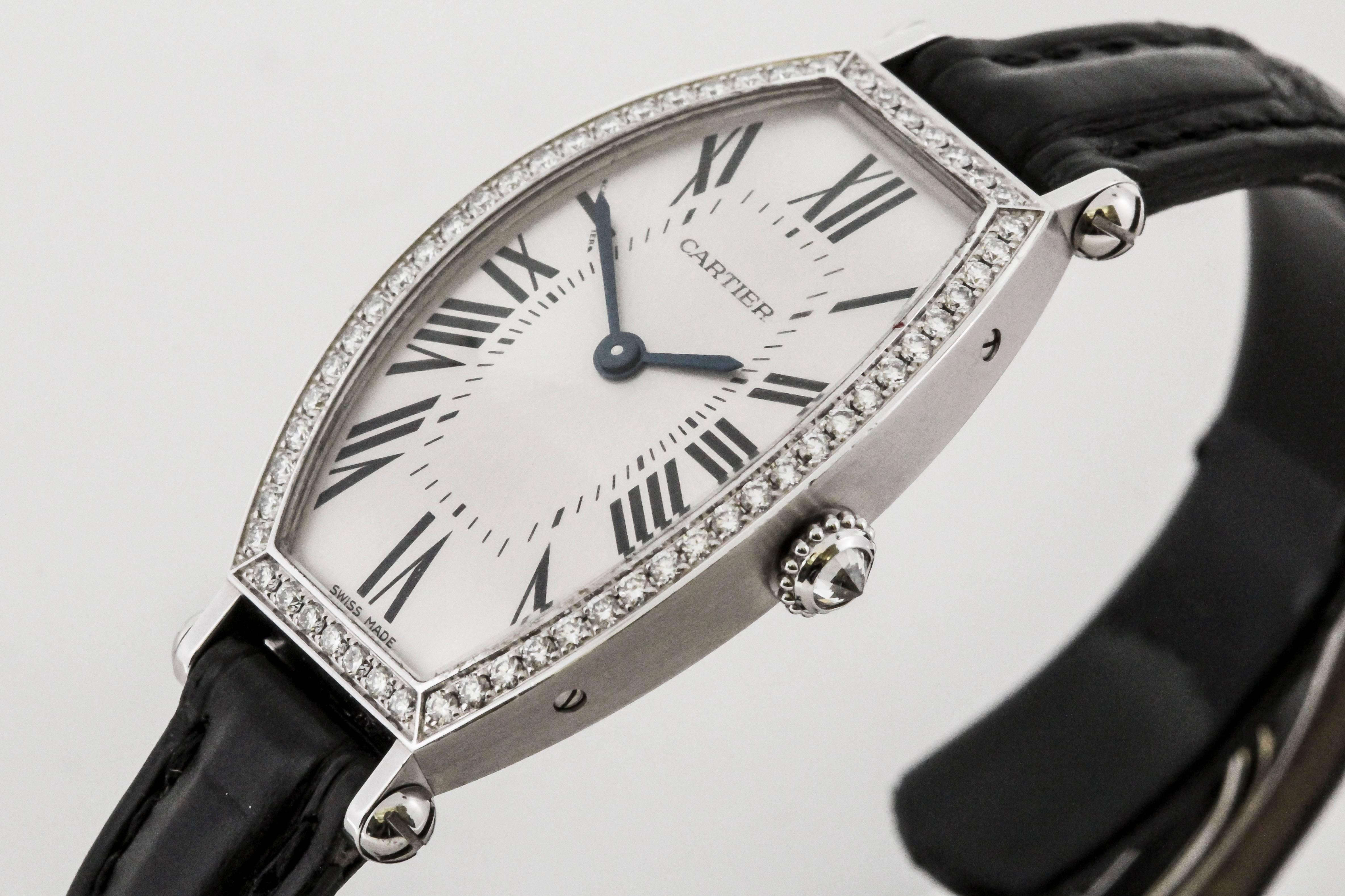 Brilliant Cut Cartier 18 Karat White Gold and Diamond Manual Wind Watch with Guilloche Dial