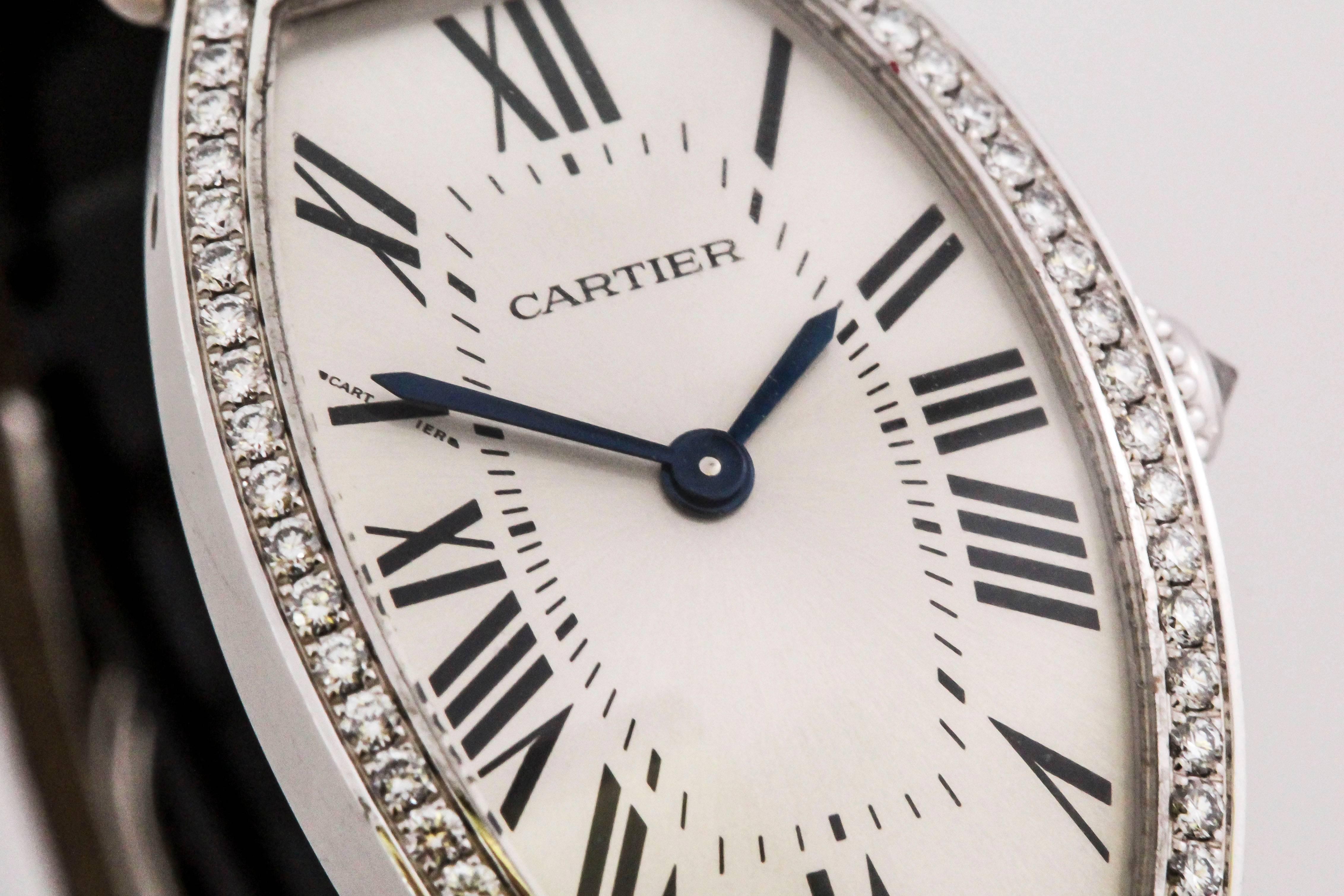 Women's Cartier 18 Karat White Gold and Diamond Manual Wind Watch with Guilloche Dial