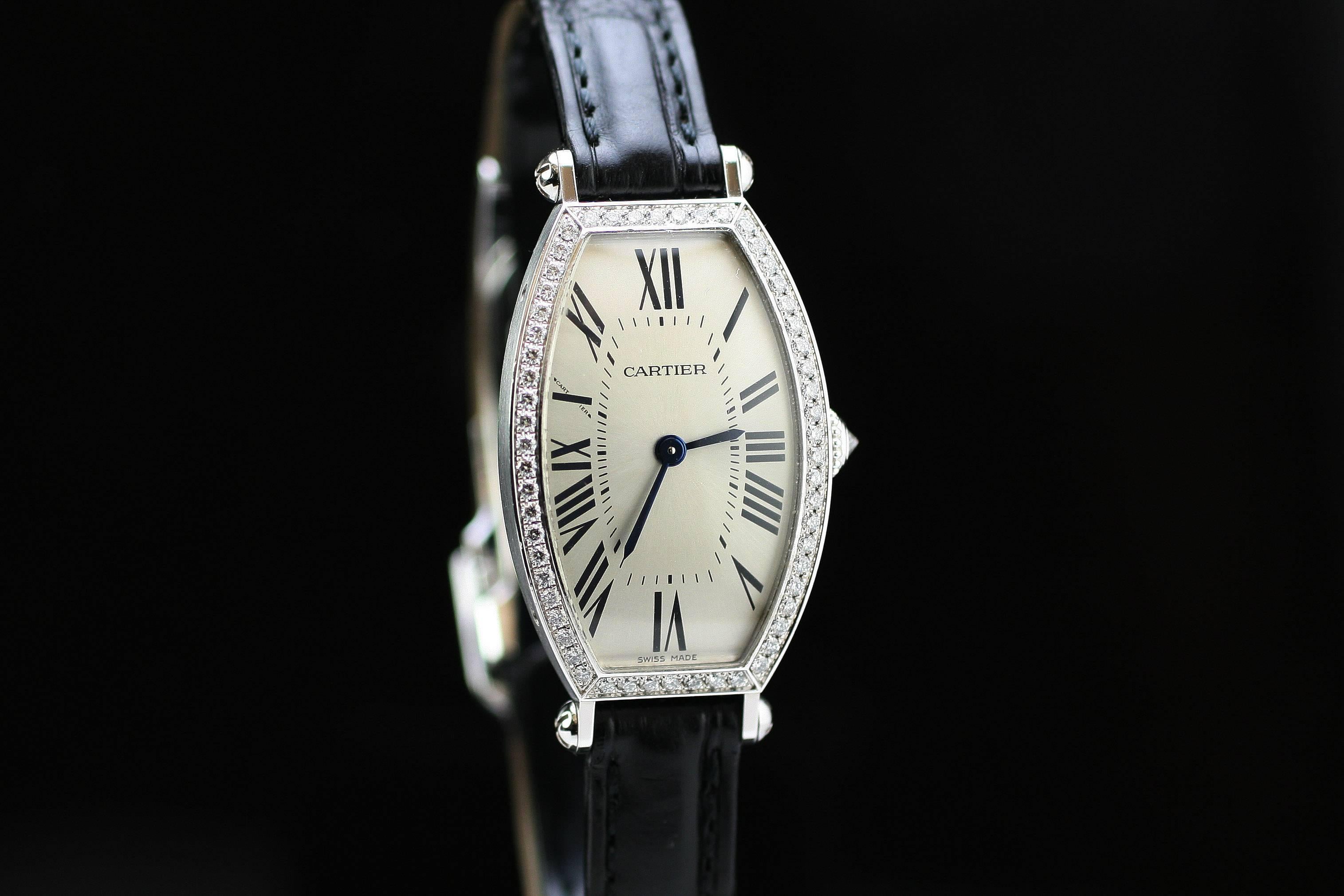 Cartier 18 Karat White Gold and Diamond Manual Wind Watch with Guilloche Dial 4