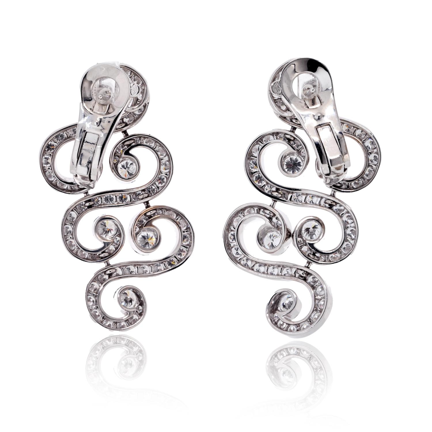 Modern Cartier 18K White Gold Arabesque Scroll 6.50cttw Diamond Earrings For Sale