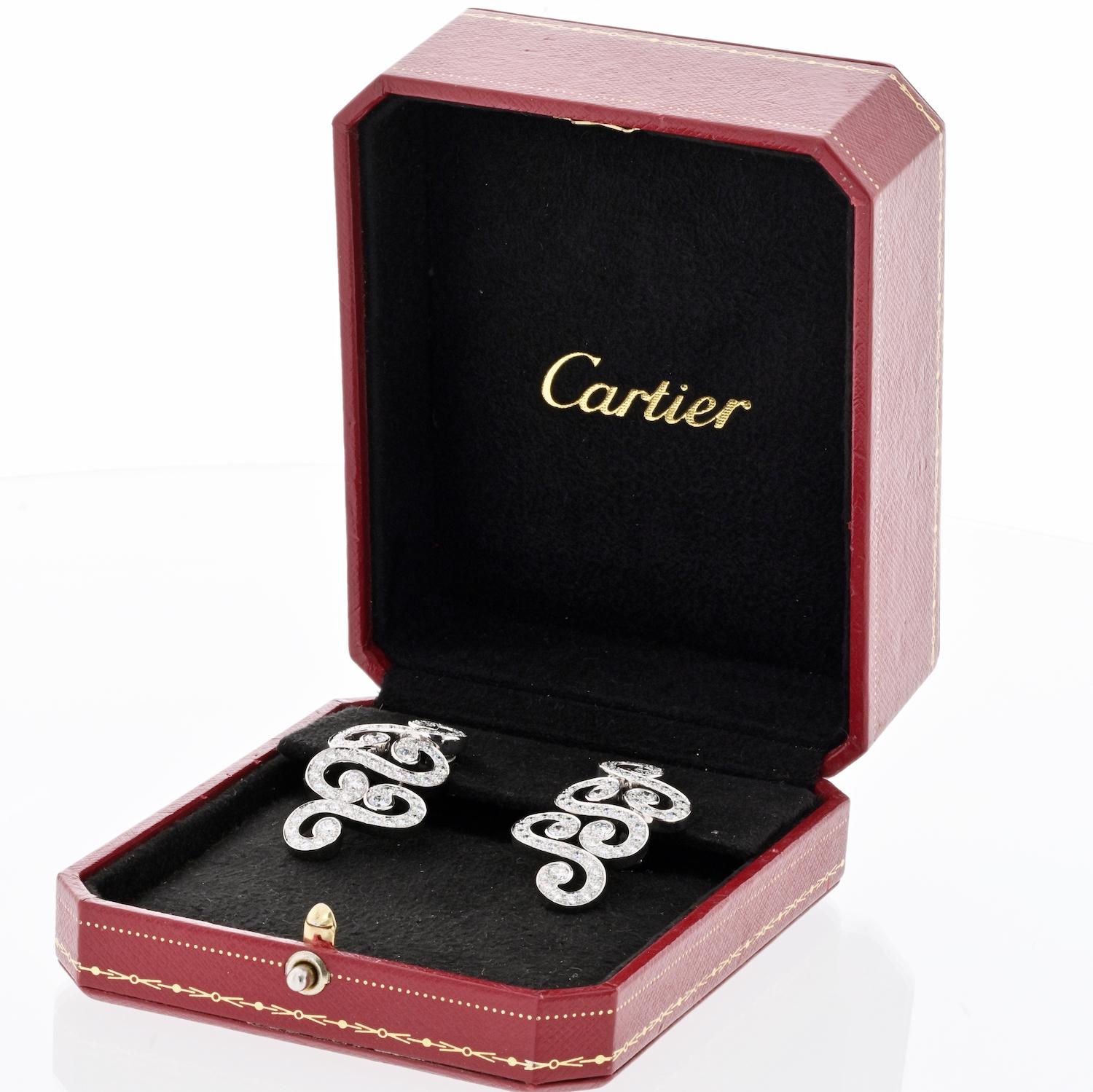 Round Cut Cartier 18K White Gold Arabesque Scroll 6.50cttw Diamond Earrings For Sale