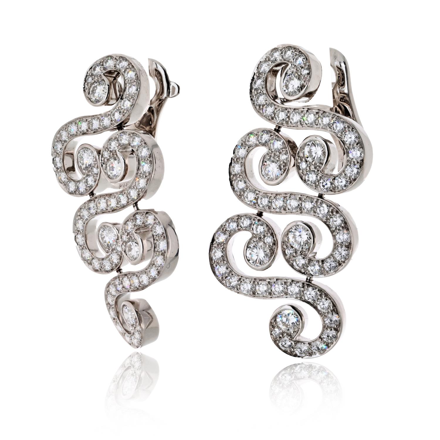 Cartier 18K White Gold Arabesque Scroll 6.50cttw Diamond Earrings In Excellent Condition For Sale In New York, NY