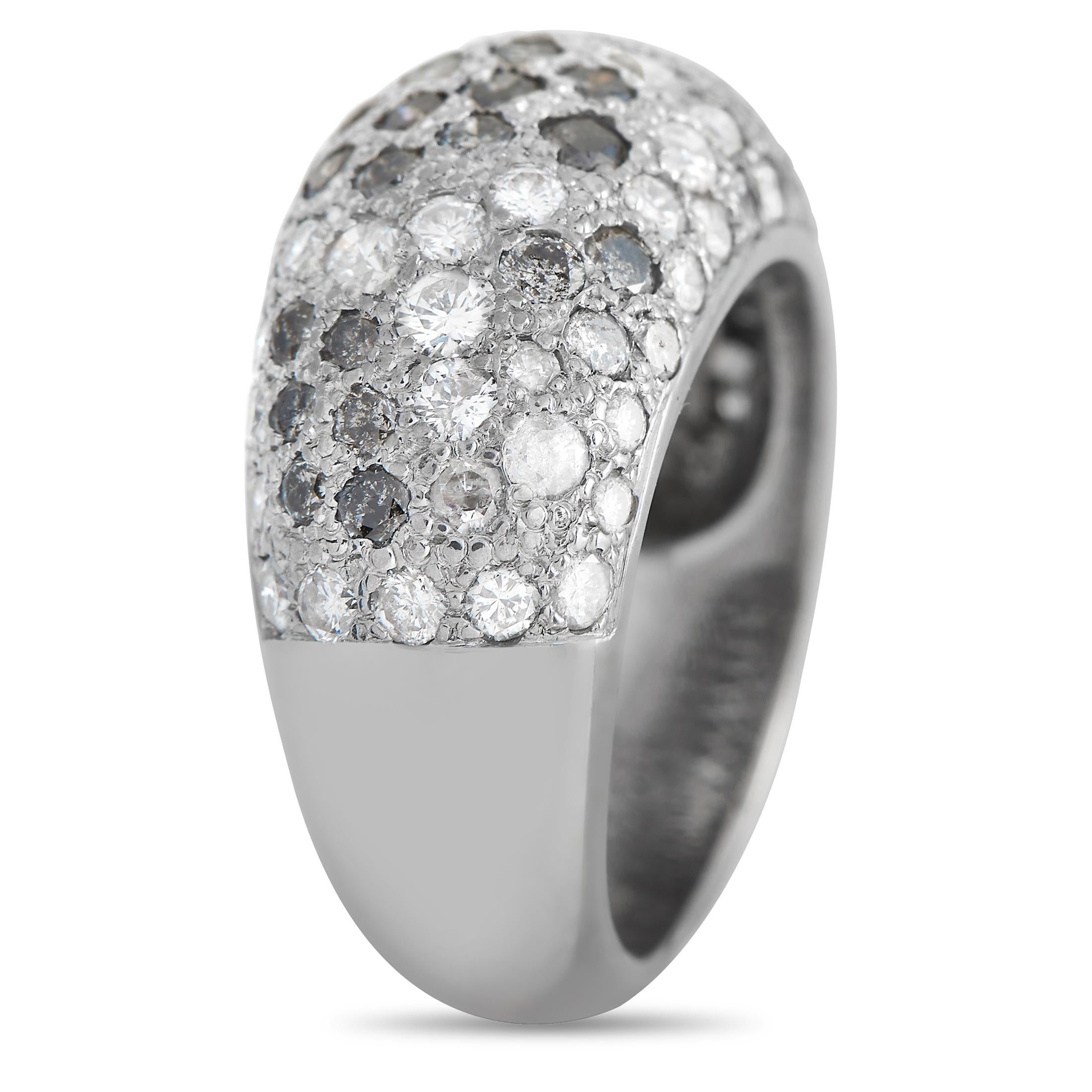 Black and white diamonds add color, texture, and dimension to this elegant Cartier ring. This piece\u2019s rounded 18K white gold setting features a band width and top height measuring 5mm, making it ideal for everyday wear.\r\nThis jewelry piece is
