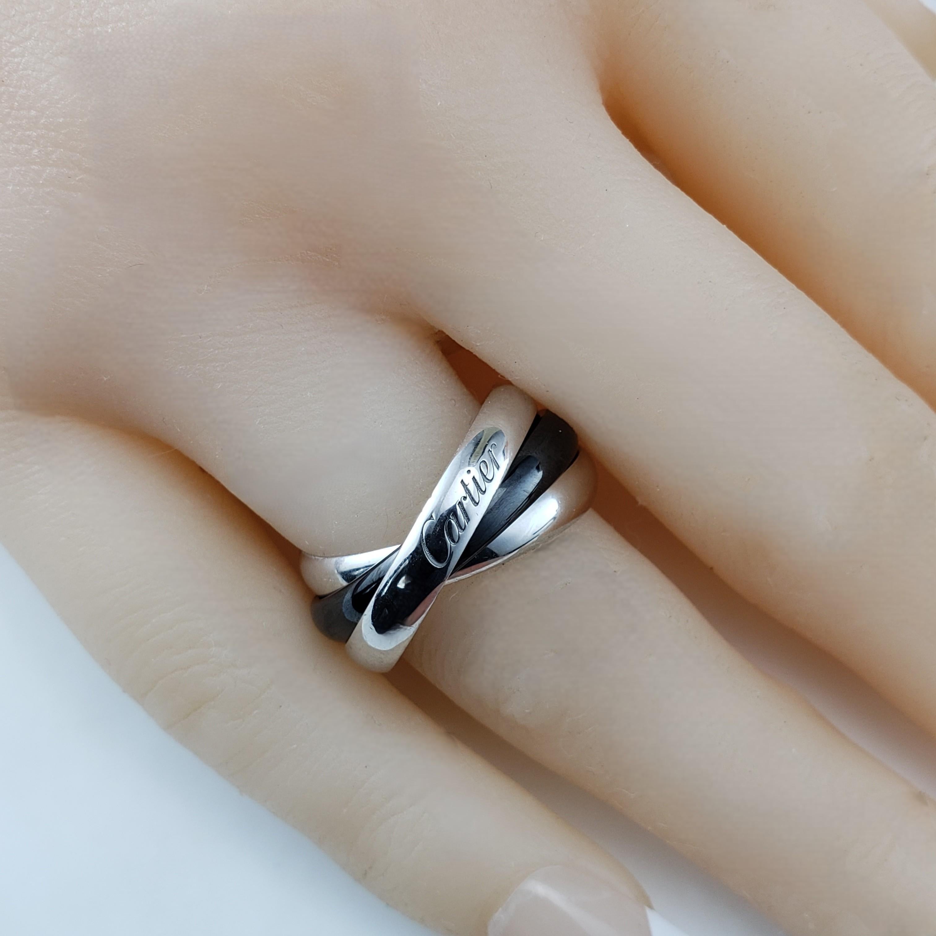 Cartier Bague Trinité en or blanc 18K et céramique noire Taille 8 Boîte/papiers #22432 en vente 3