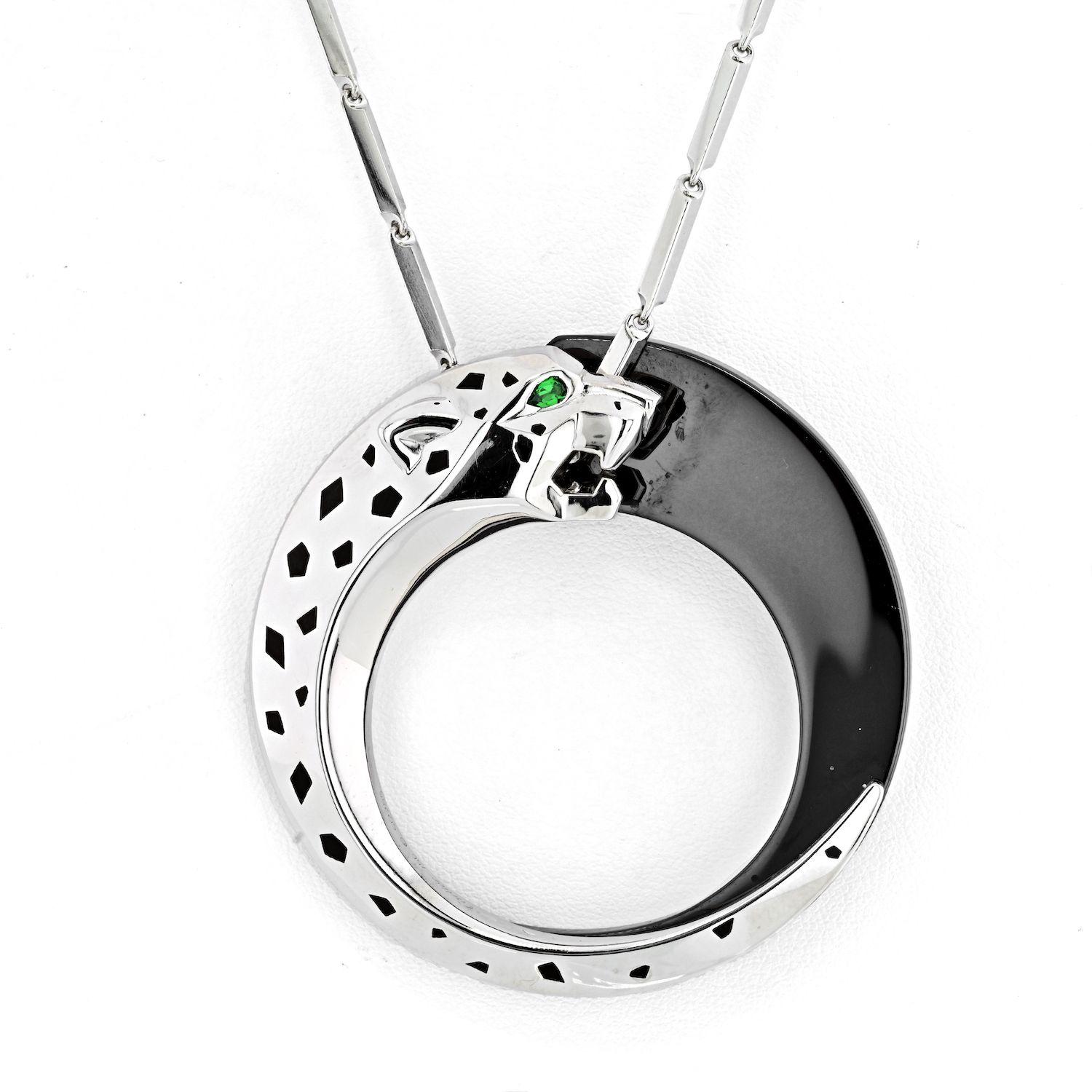 Cartier 18K White Gold Ceramic, Black Lacquer, Panthere Necklace In Excellent Condition For Sale In New York, NY