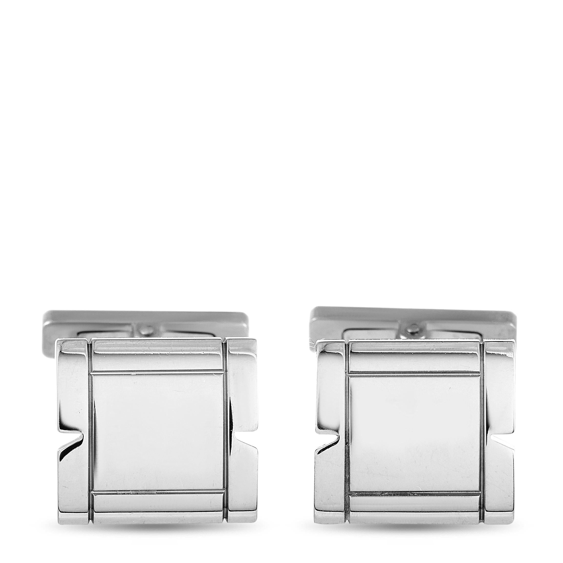 These Cartier cufflinks are made of 18K white gold and each of the two weighs 11.1 grams. The cufflinks measure 0.80” in length and 0.50” in width.

The pair is offered in estate condition and includes a gift box.