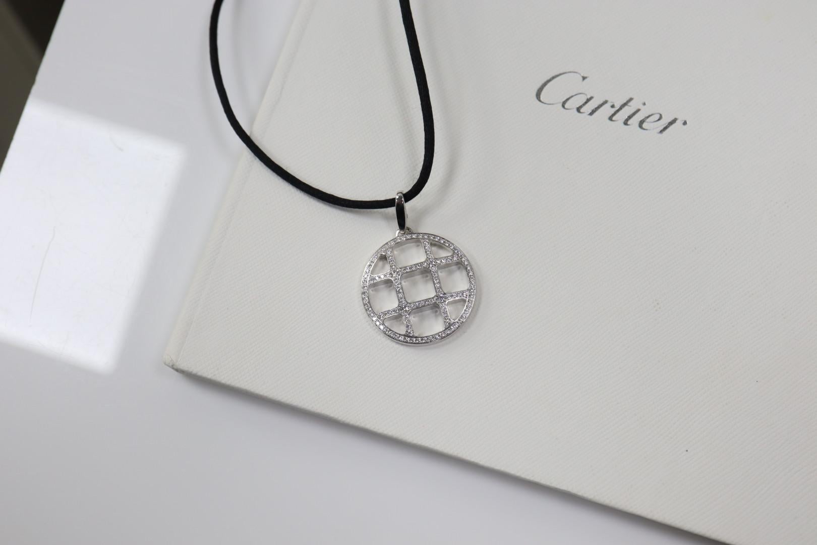 Cartier 18K White Gold Diamond 1.70cttw Pasha Grid Charm Cord Necklace 18''