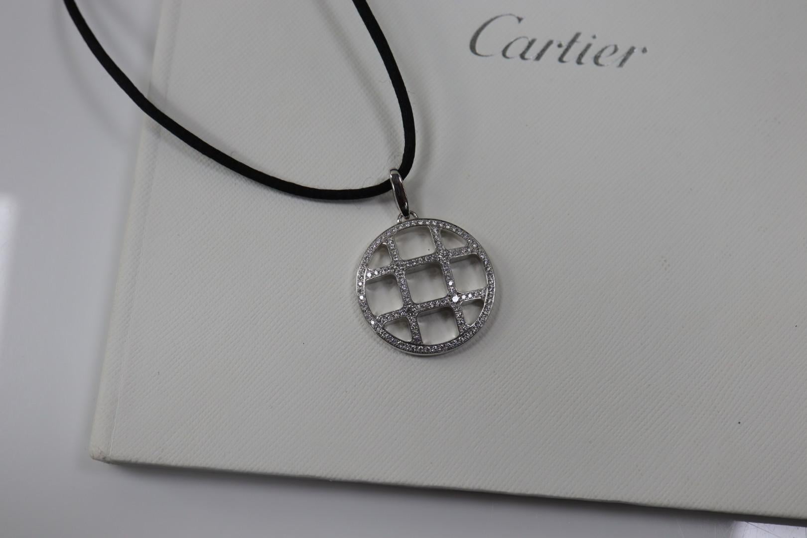 Modern Cartier 18 Karat White Gold Diamond 1.70 Carat Pasha Grid Charm Cord Necklace