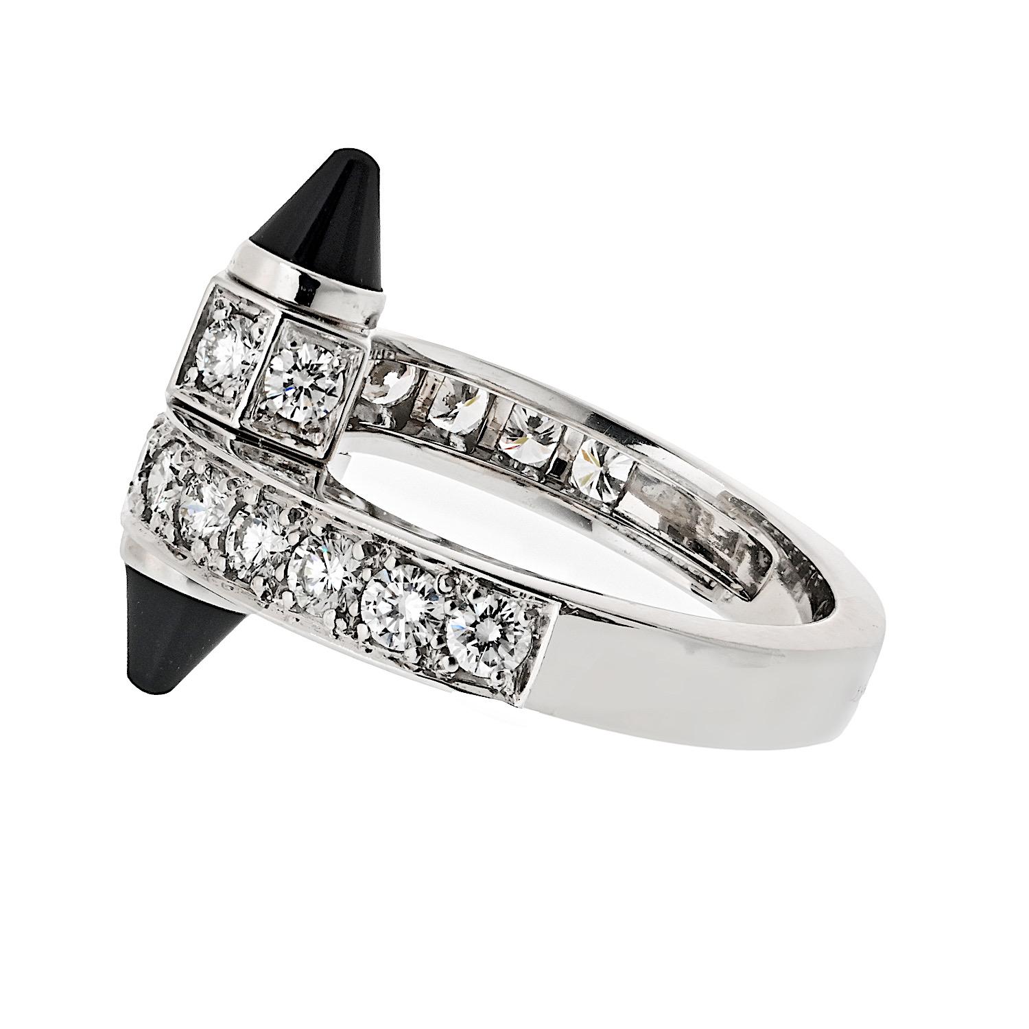 Round Cut Cartier 18K White Gold Diamond And Onyx Menotte Ring For Sale