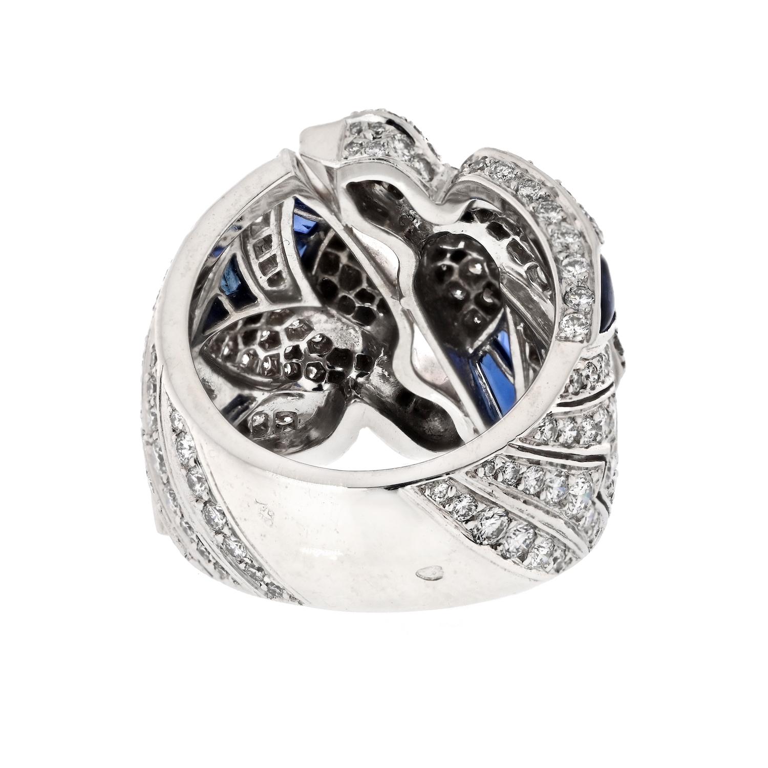Cartier 18K White Gold Diamond And Sapphire Dove Les Oiseaux Libérés EU 55 Ring In Excellent Condition For Sale In New York, NY