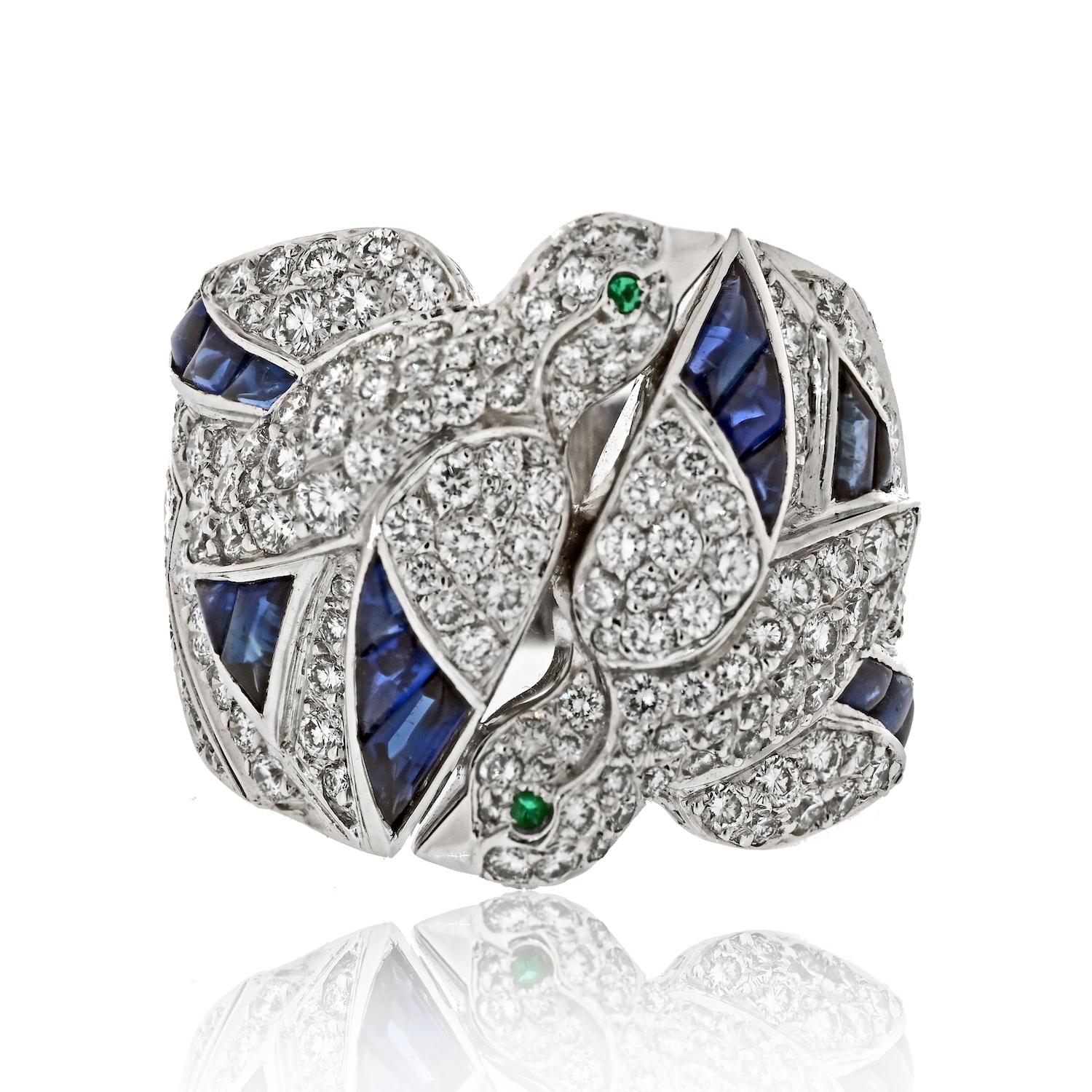 Cartier 18K White Gold Diamond And Sapphire Dove Les Oiseaux Libérés EU 55 Ring For Sale