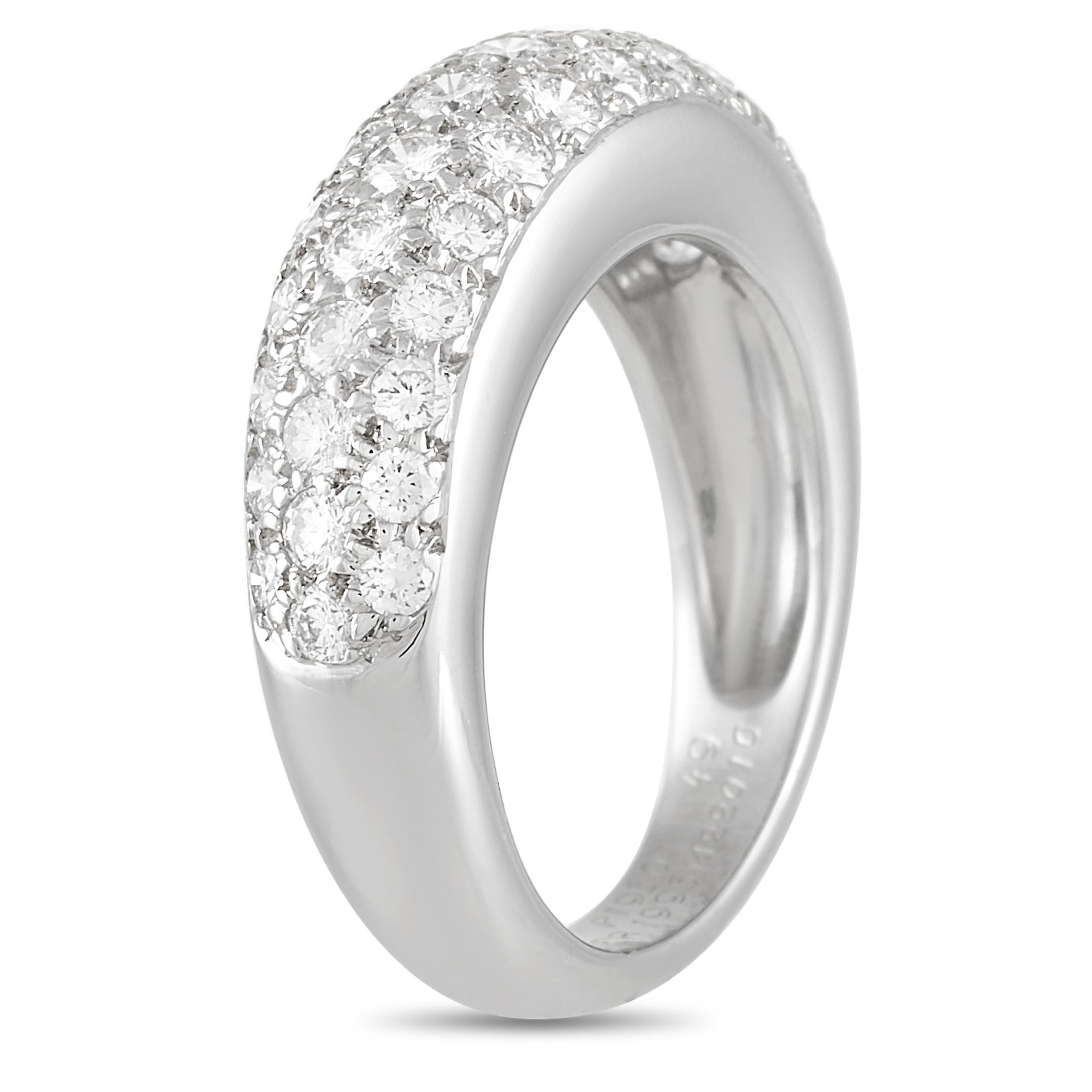 This classy Cartier 18K White Gold Diamond Ring is a statement piece, the ring is made with 18K white gold and set with round diamonds through half of the band. The ring has a band thickness of 4 mm, a top height of 4 mm, and top dimensions of 6 by