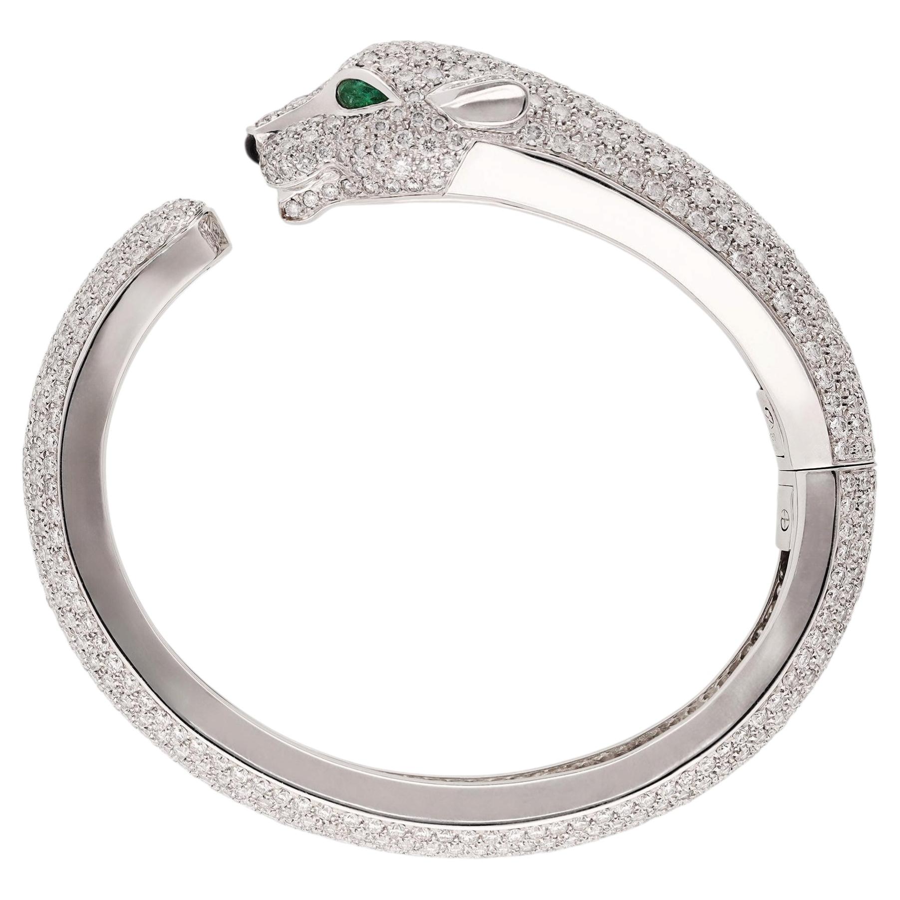 CARTIER 18K White Gold Diamond, Emerald, and Onyx Panther Bracelet