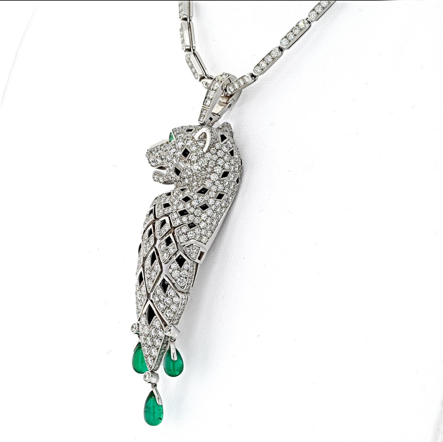 Cartier 18k White Gold Diamond, Emerald and Onyx Panthere Pendant Necklace 2