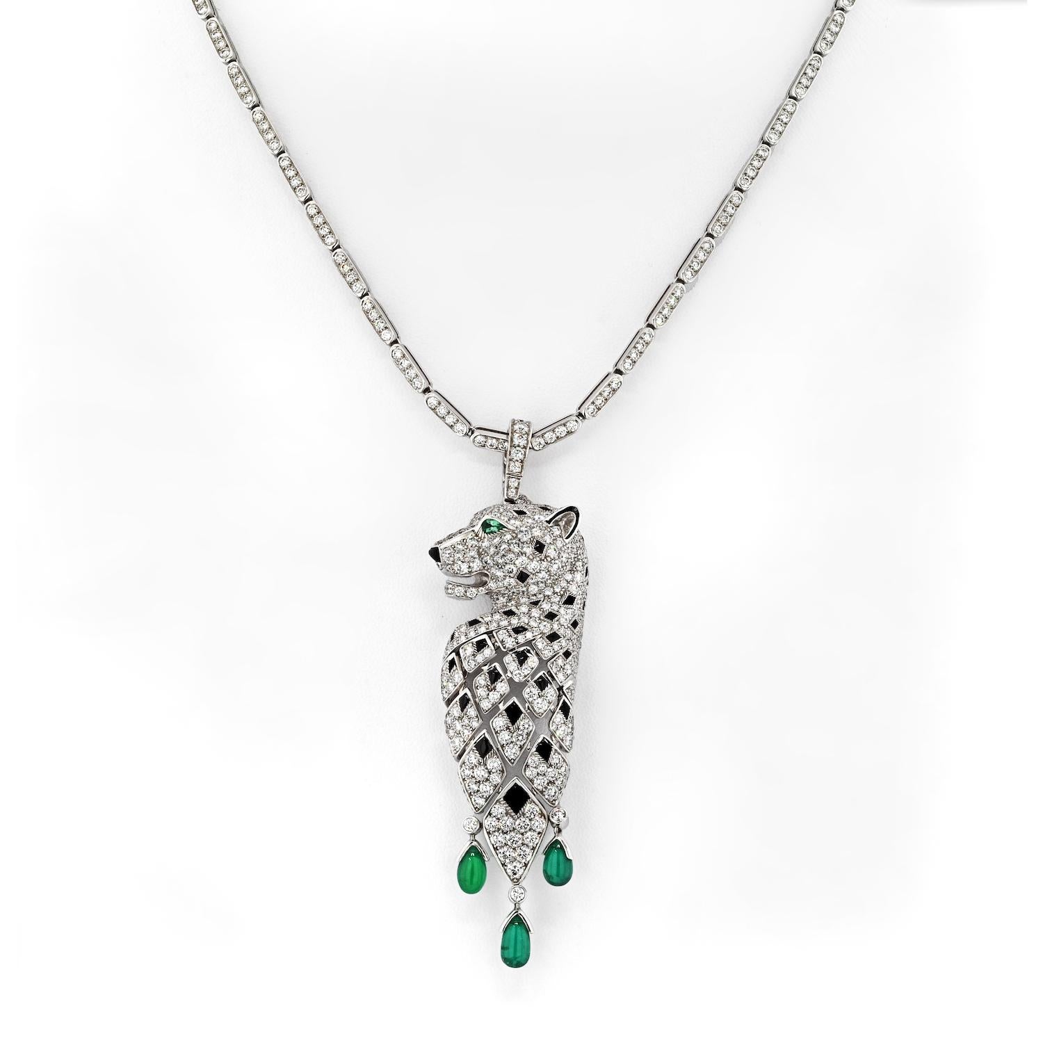 Cartier 18k White Gold Diamond, Emerald and Onyx Panthere Pendant Necklace In Excellent Condition In New York, NY