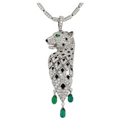 Cartier 18k White Gold Diamond, Emerald and Onyx Panthere Pendant Necklace