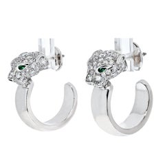 Cartier 18K White Gold Diamond Panther Head Hoop Earrings