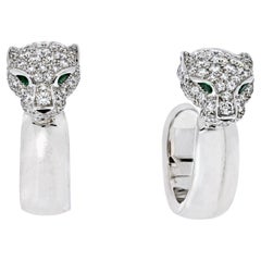 Cartier 18K White Gold Diamond Panther Head Hoop Earrings