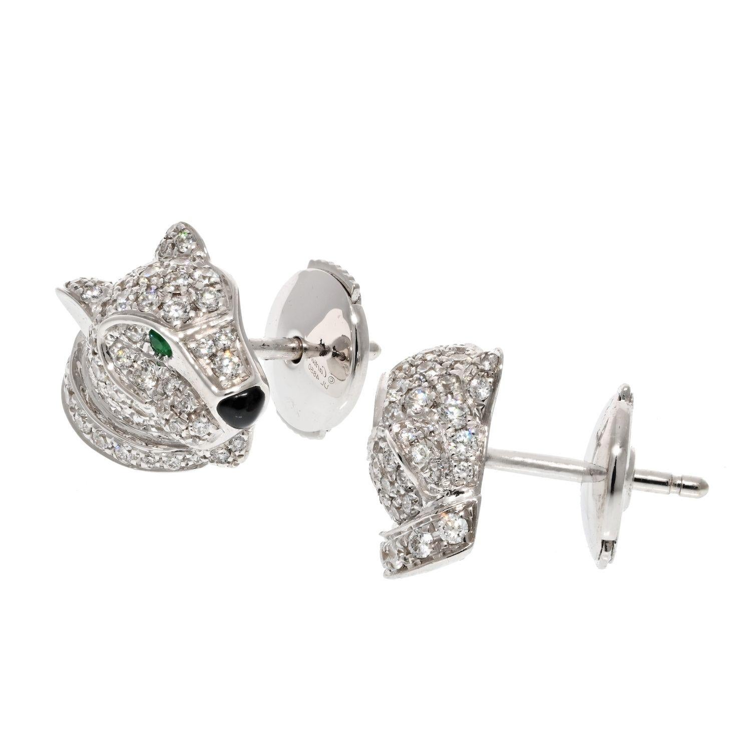 Modern Cartier 18K White Gold Diamond Panthere Heads Stud Earrings 