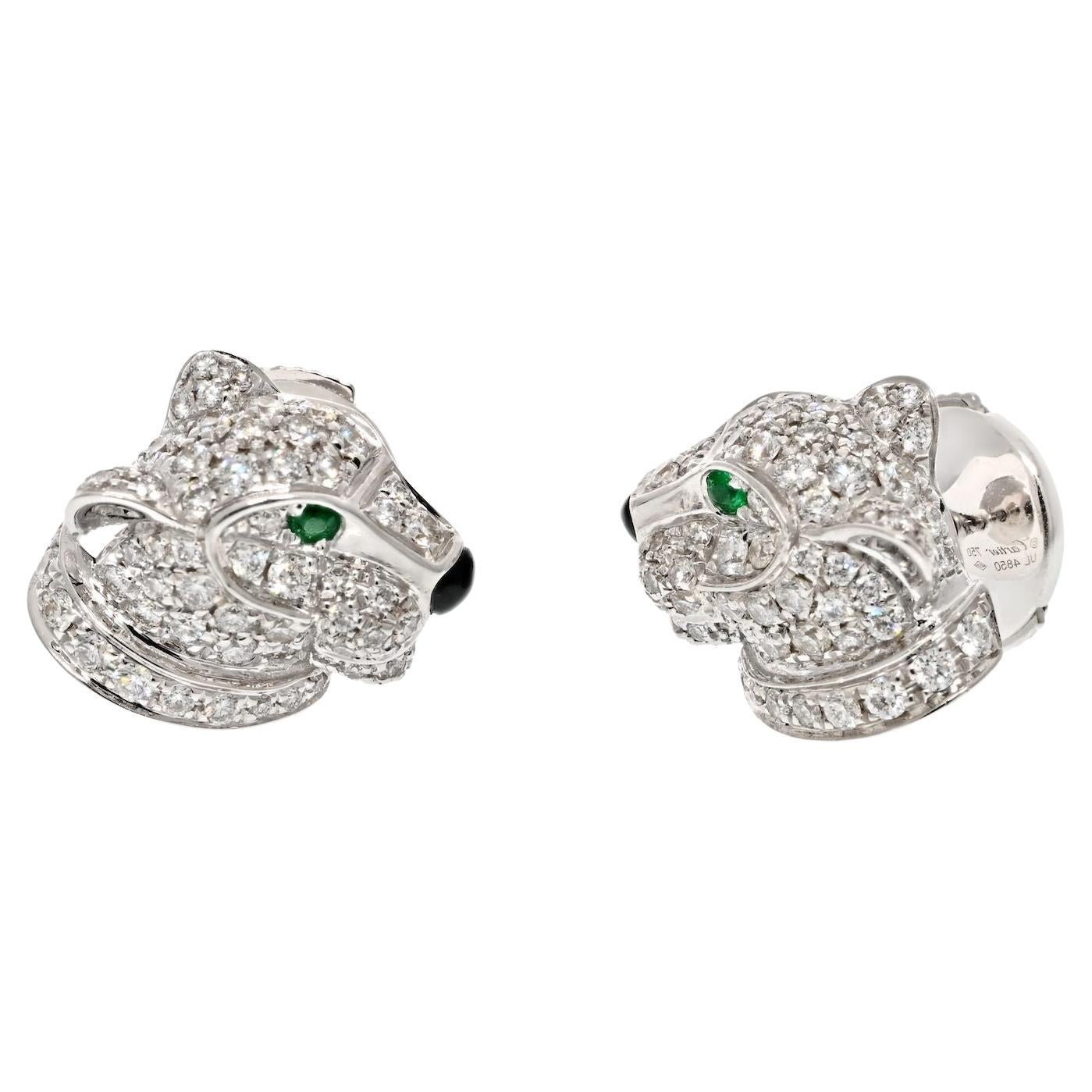 Cartier 18K White Gold Diamond Panthere Heads Stud Earrings 
