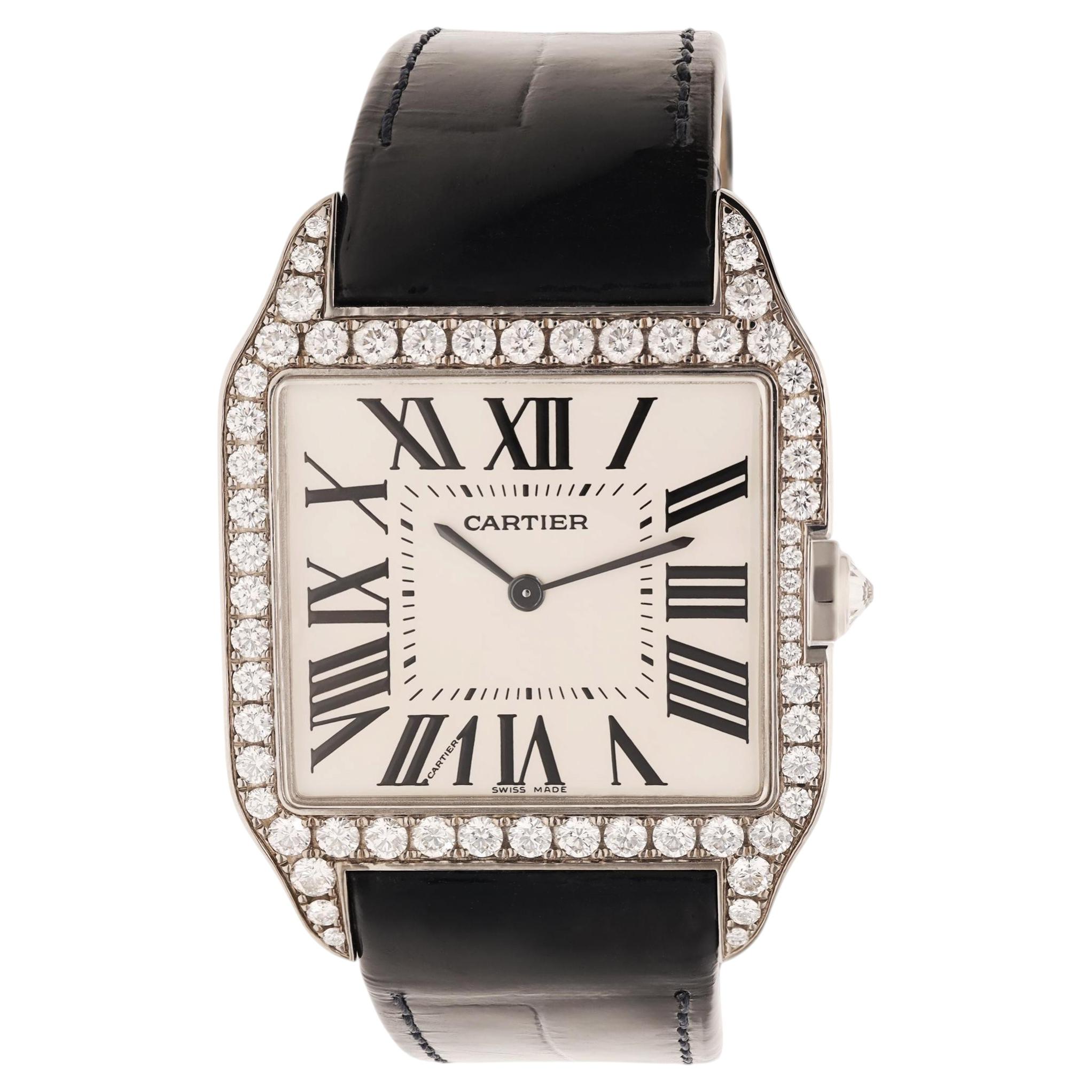 CARTIER 18K White Gold Diamond Santos-Dumont LM Mechanical Wristwatch For Sale