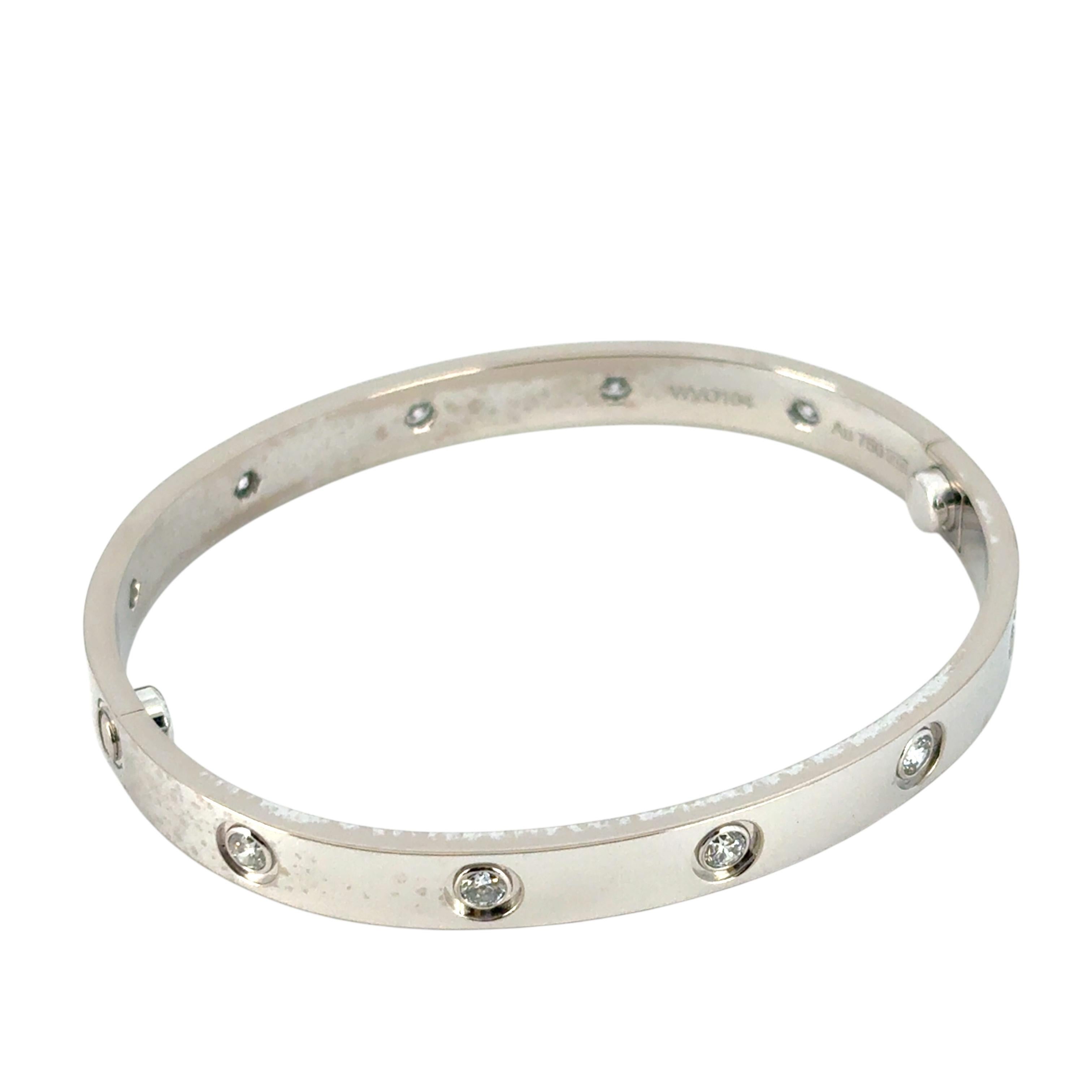 Cartier 18k White Gold Diamond Size 17 Love Bangle Bracelet with Papers and Box For Sale 4