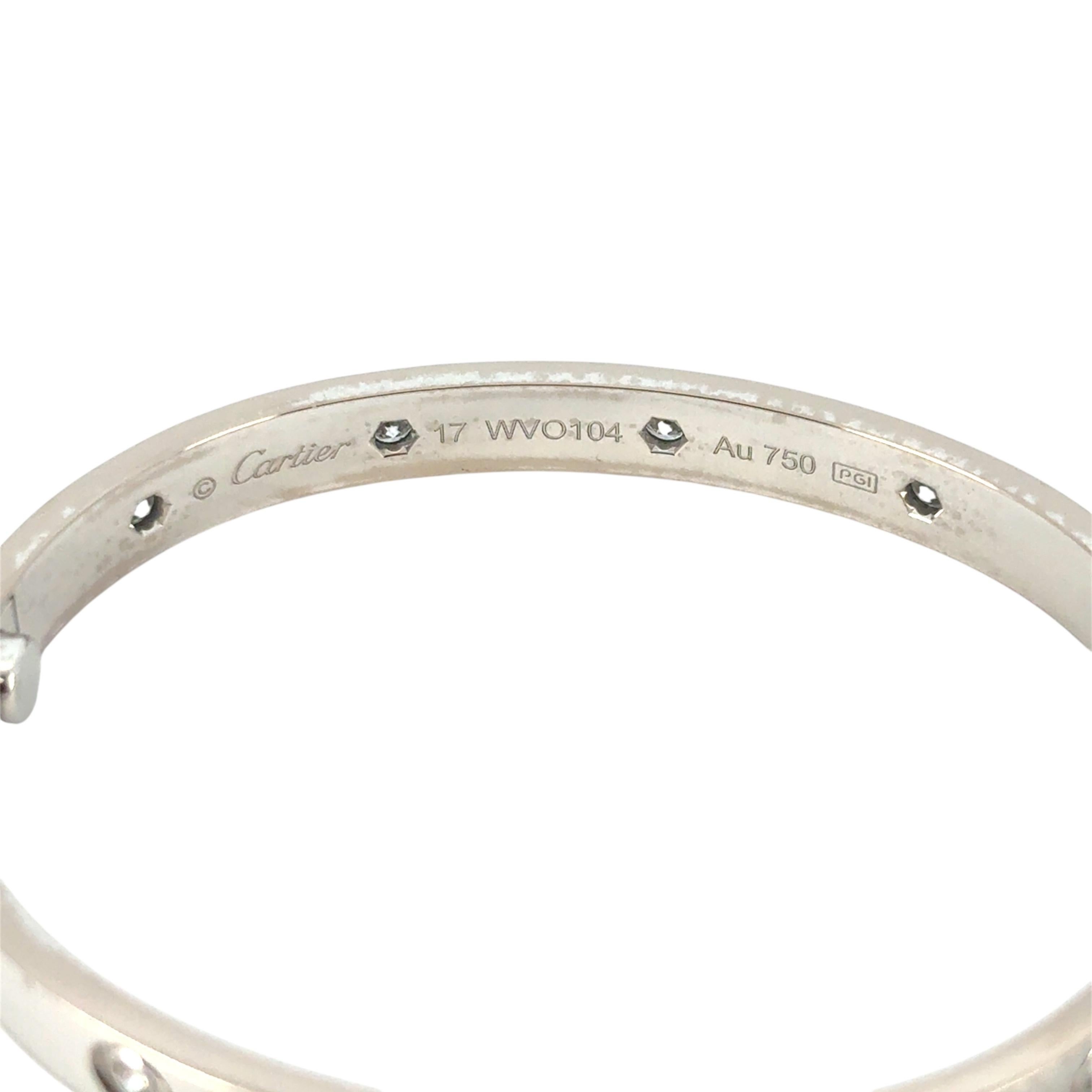 Cartier 18k White Gold Diamond Size 17 Love Bangle Bracelet with Papers and Box For Sale 5