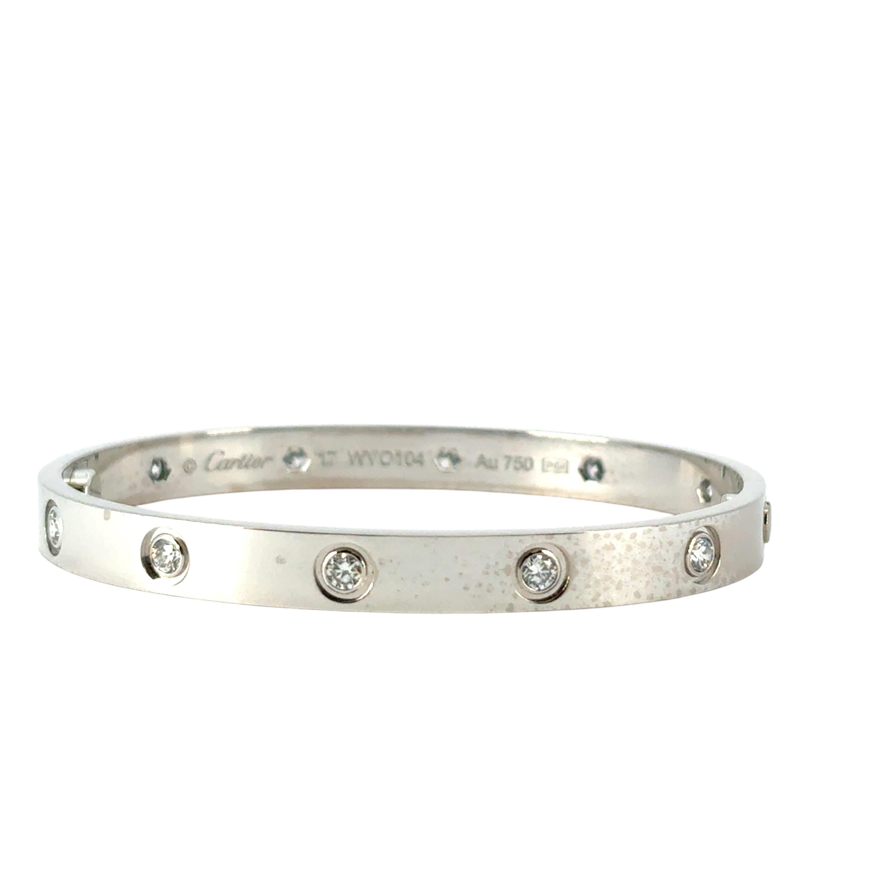 Cartier 18k White Gold Diamond Size 17 Love Bangle Bracelet with Papers and Box For Sale 6