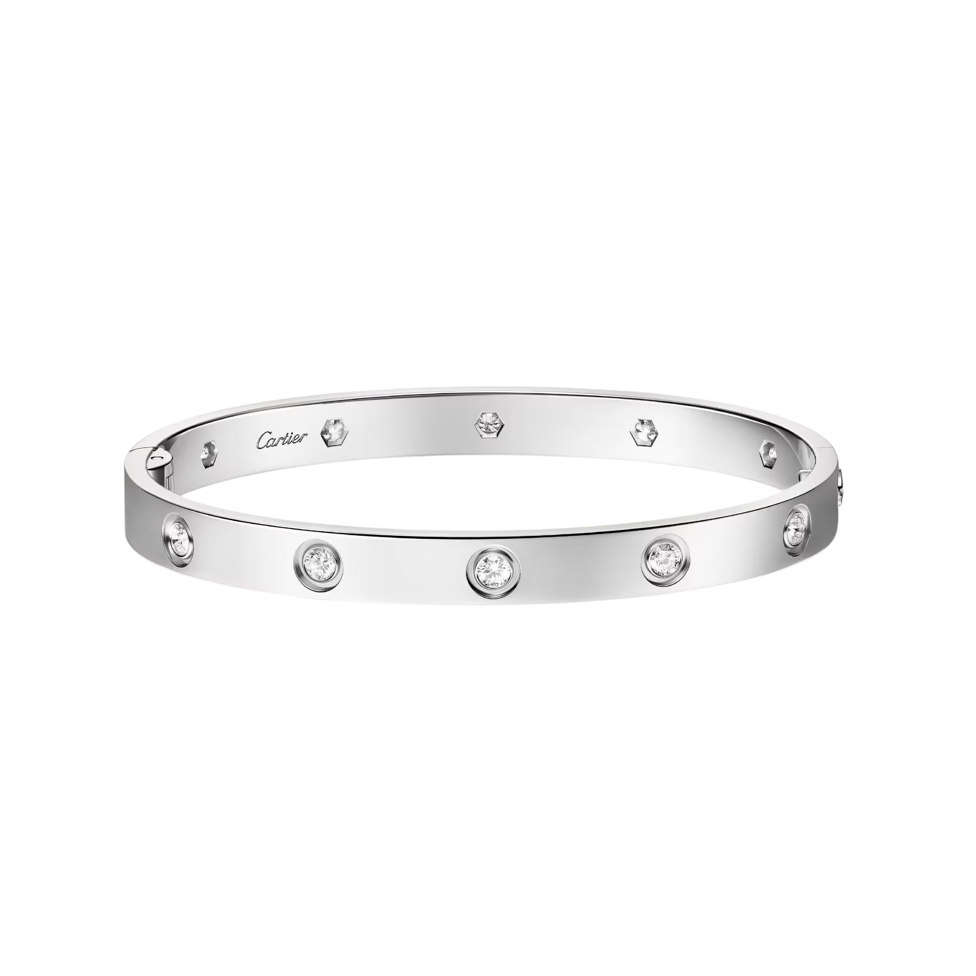 Cartier 18k White Gold Diamond Size 17 Love Bangle Bracelet with Papers and Box For Sale 8