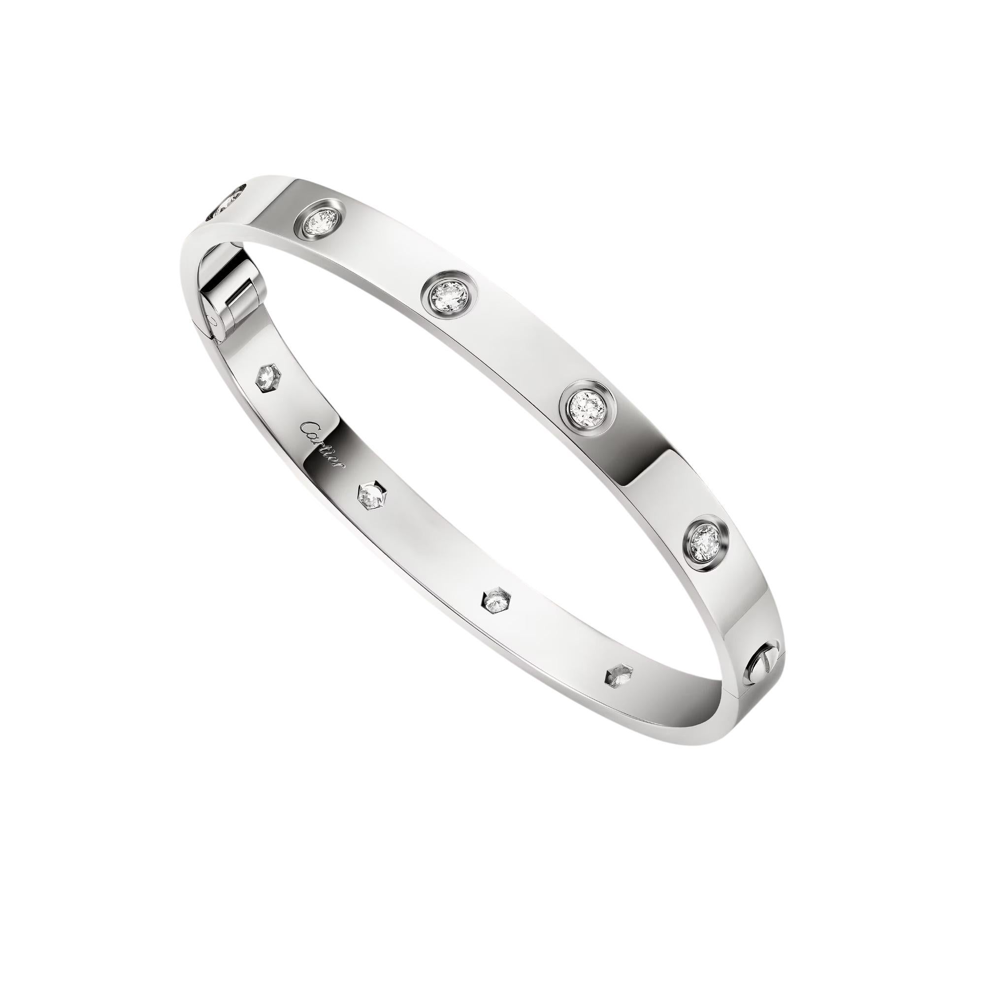 Cartier 18k White Gold Diamond Size 17 Love Bangle Bracelet with Papers and Box For Sale 9