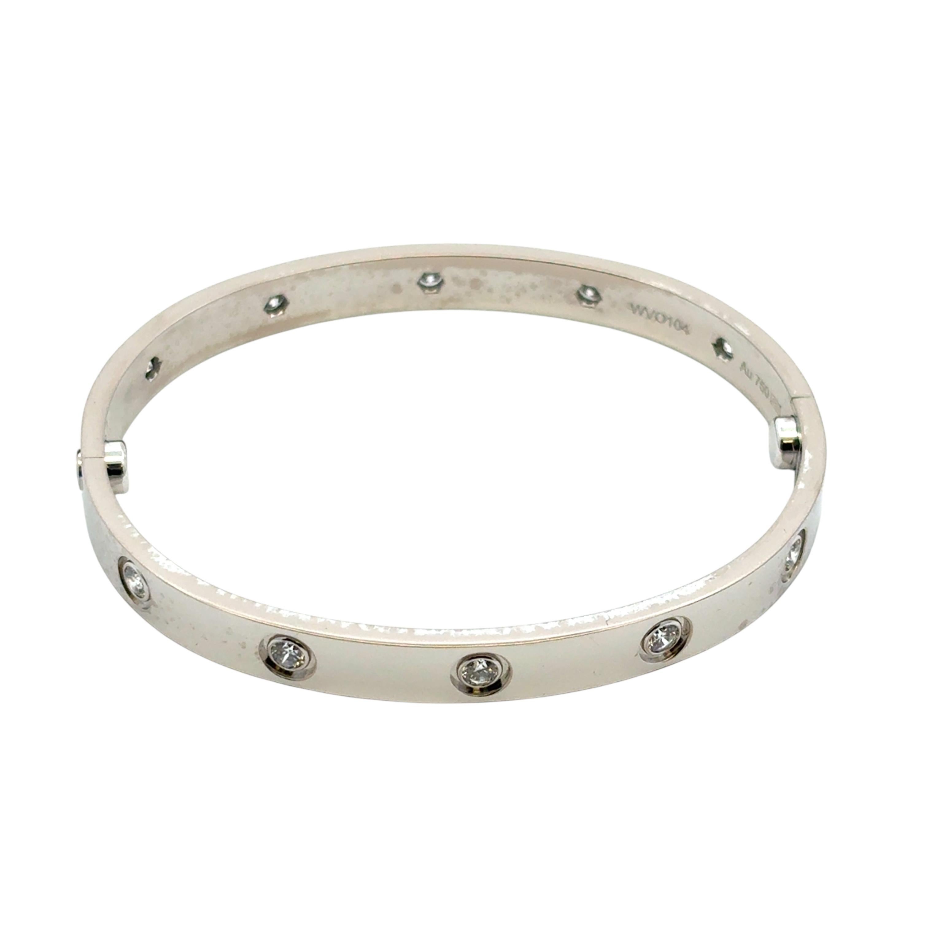 Cartier 18k White Gold Diamond Size 17 Love Bangle Bracelet with Papers and Box

This stunning Cartier Diamond Love Bracelet is in excellent condition and is ready to ship!

Design: Love Bangle
Material: 18k White Gold
Diamond Details: This ring