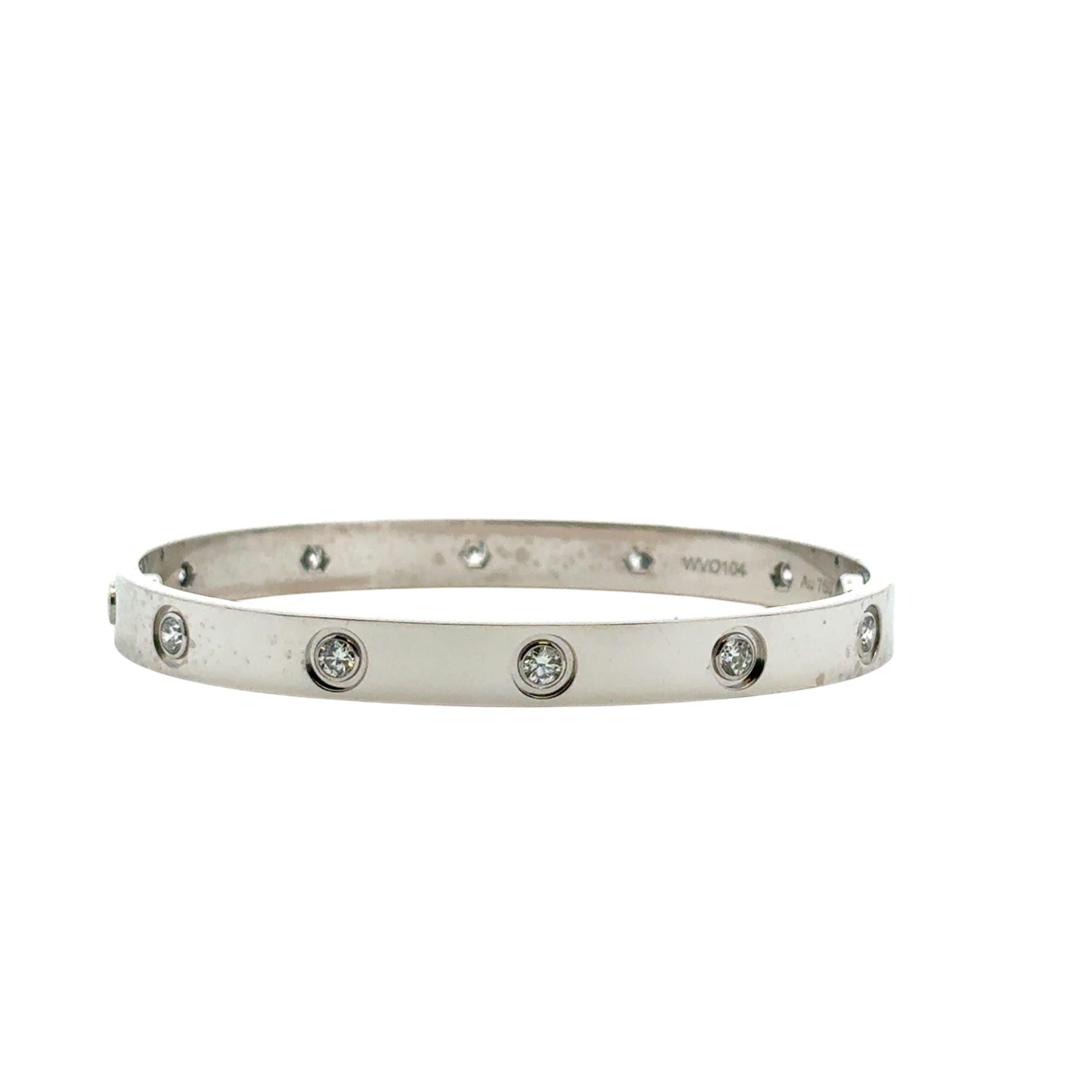 Modern Cartier 18k White Gold Diamond Size 17 Love Bangle Bracelet with Papers and Box For Sale