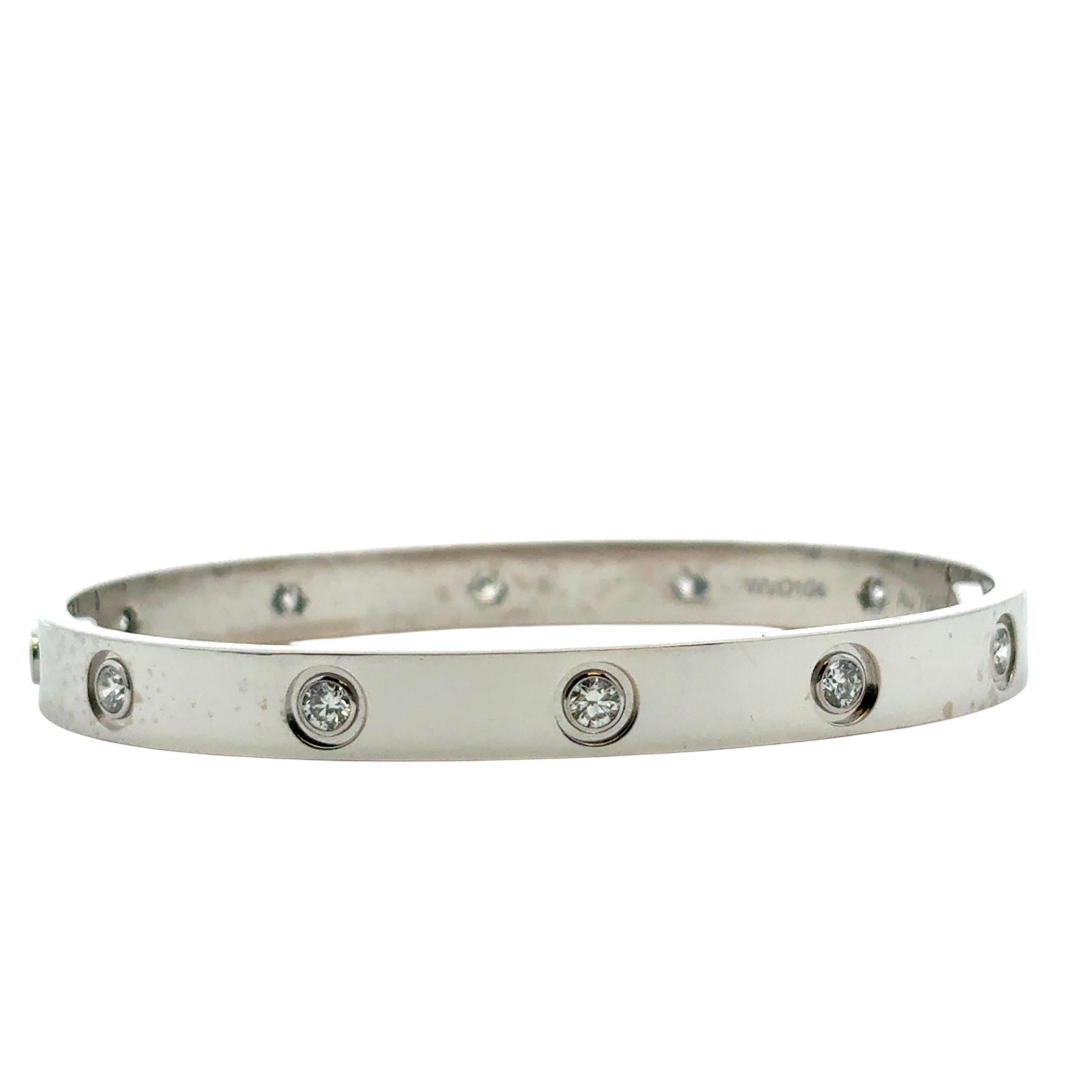 Round Cut Cartier 18k White Gold Diamond Size 17 Love Bangle Bracelet with Papers and Box For Sale