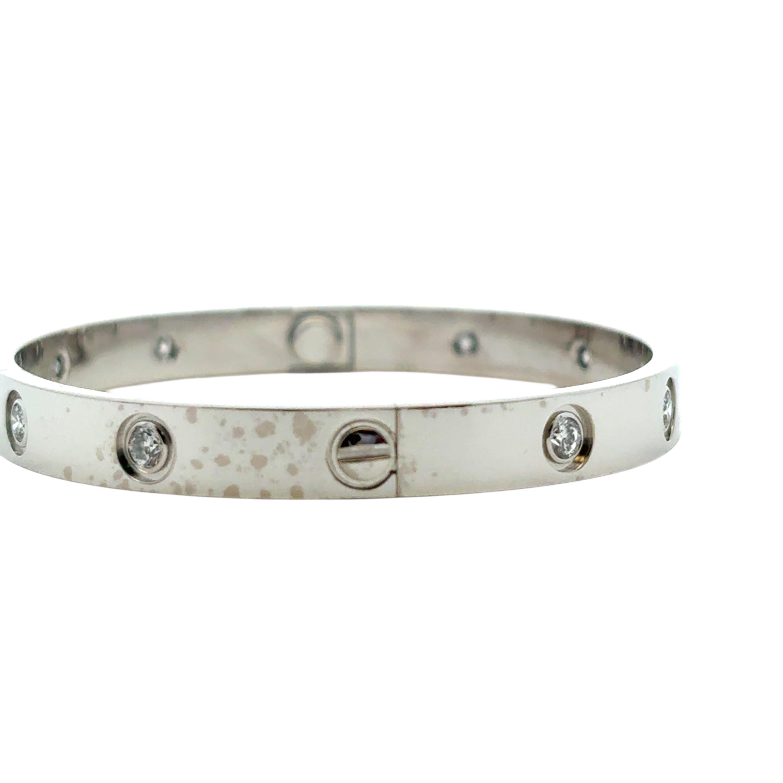 Cartier 18k White Gold Diamond Size 17 Love Bangle Bracelet with Papers and Box In Excellent Condition For Sale In Boca Raton, FL