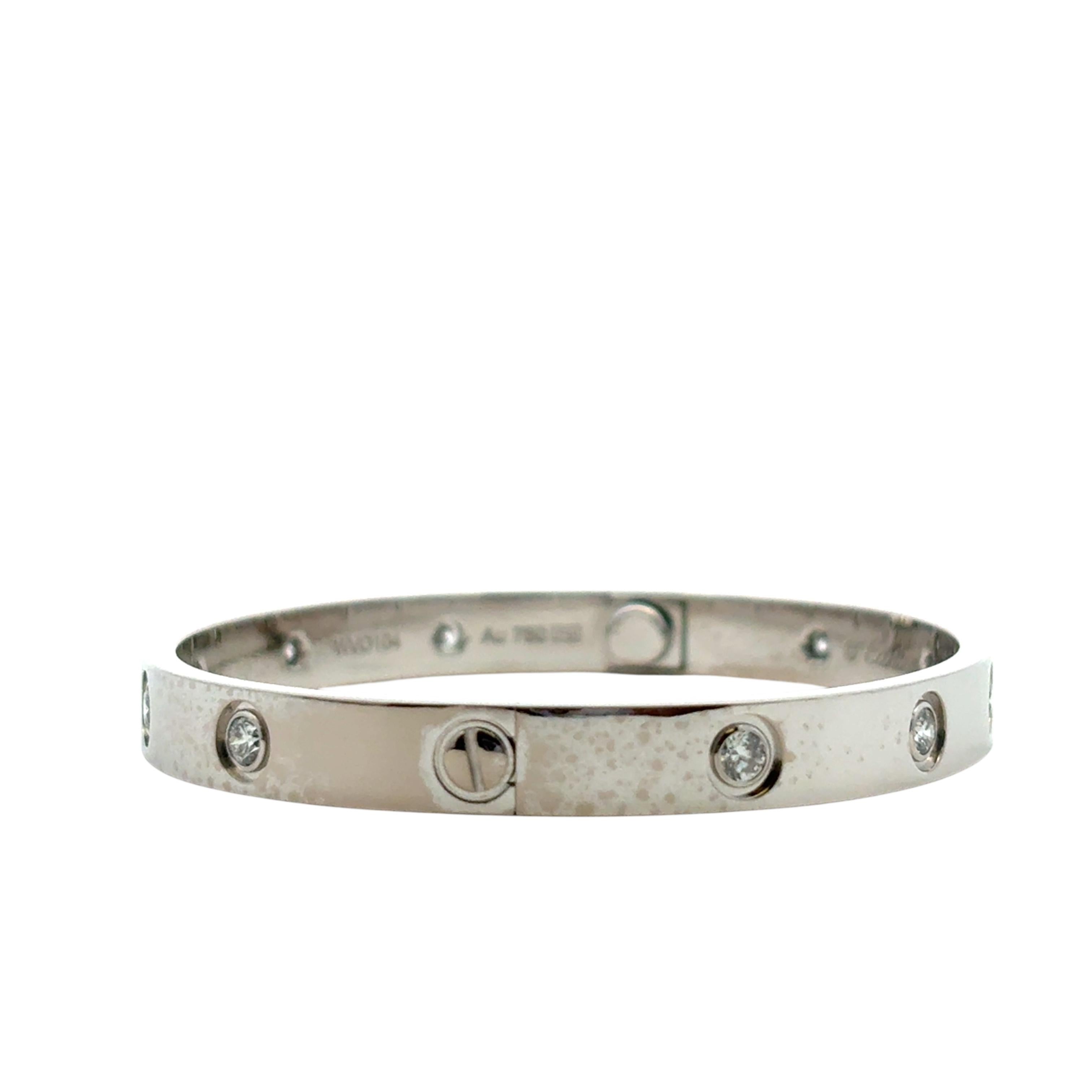 Women's Cartier 18k White Gold Diamond Size 17 Love Bangle Bracelet with Papers and Box For Sale