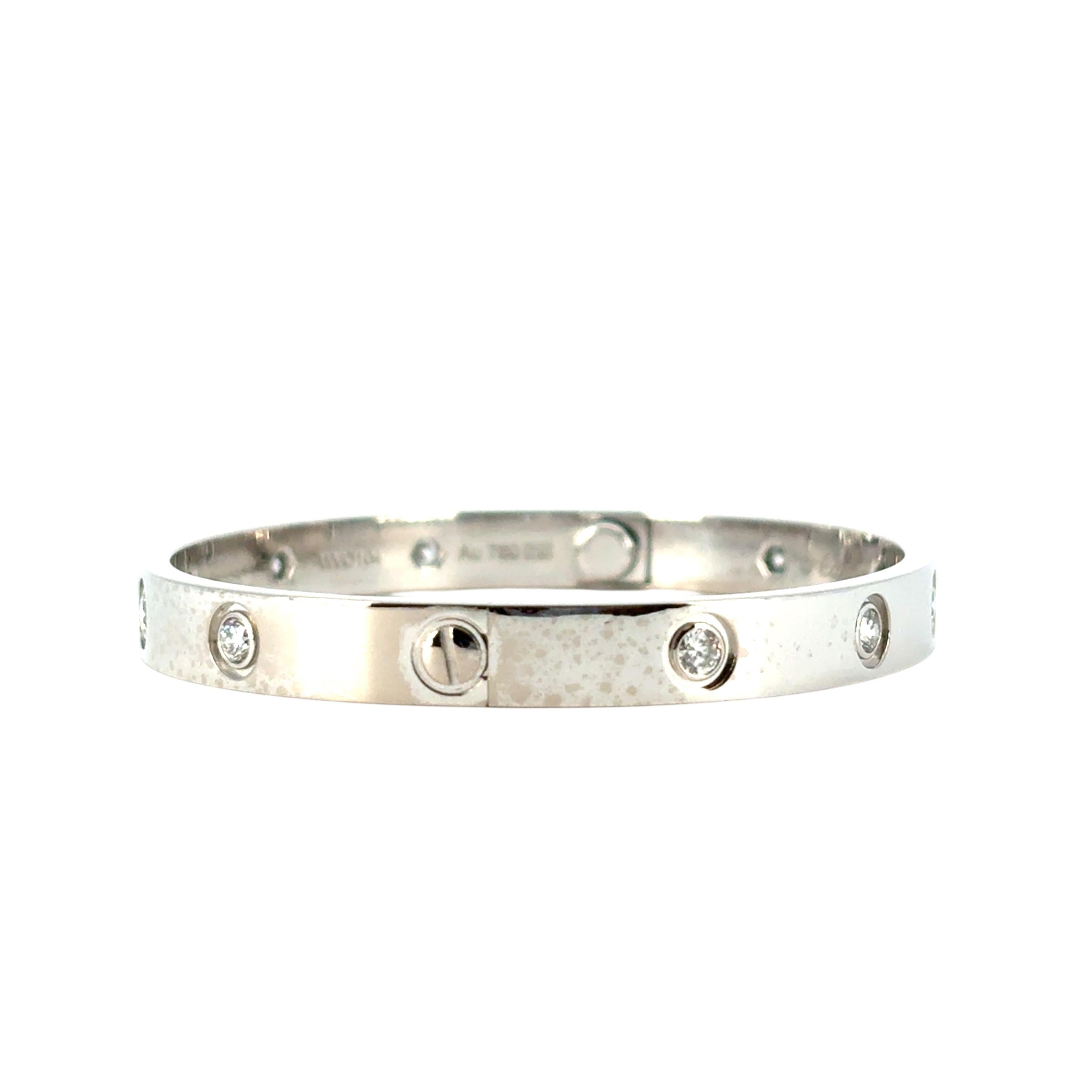 Cartier 18k White Gold Diamond Size 17 Love Bangle Bracelet with Papers and Box For Sale 1