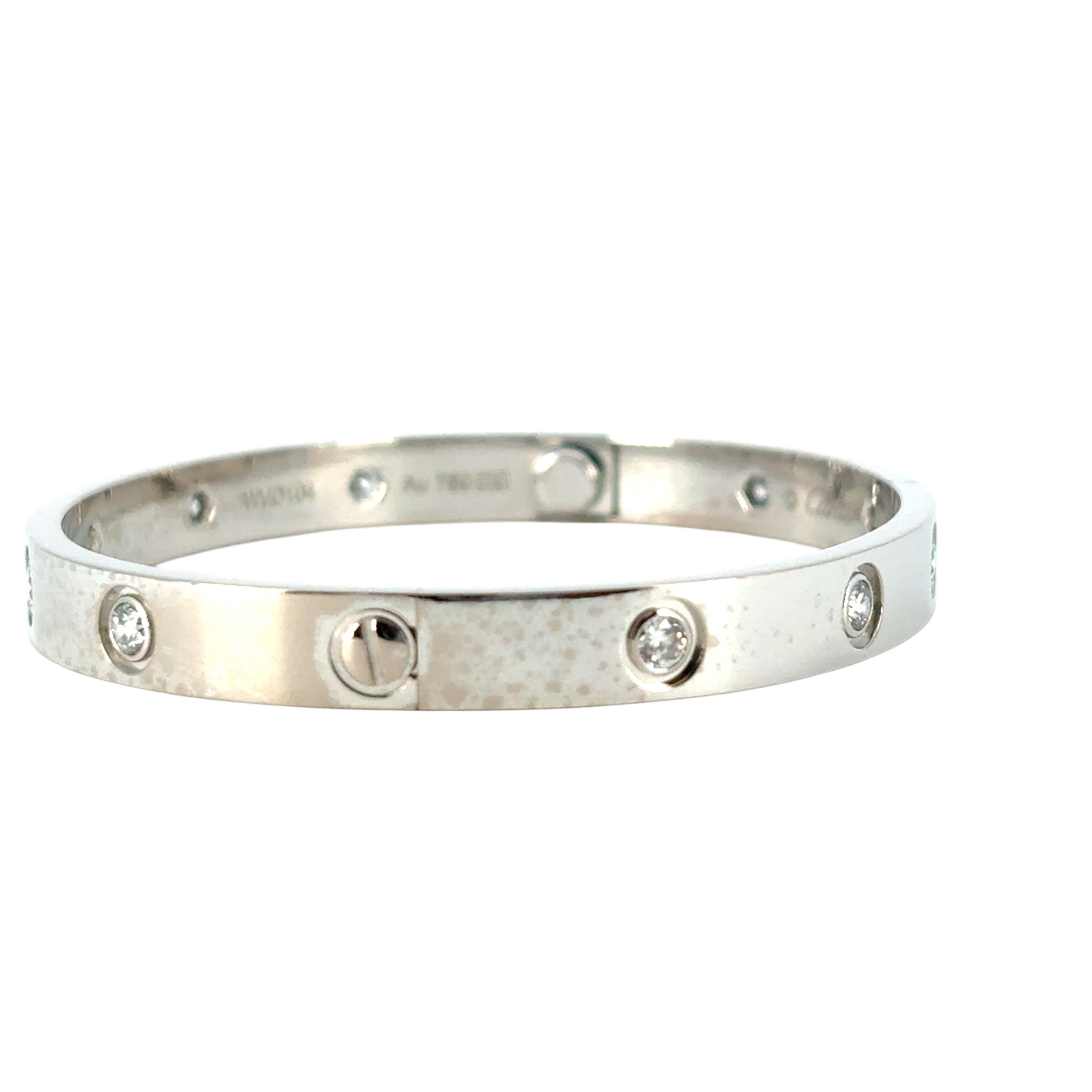 Cartier 18k White Gold Diamond Size 17 Love Bangle Bracelet with Papers and Box For Sale 2