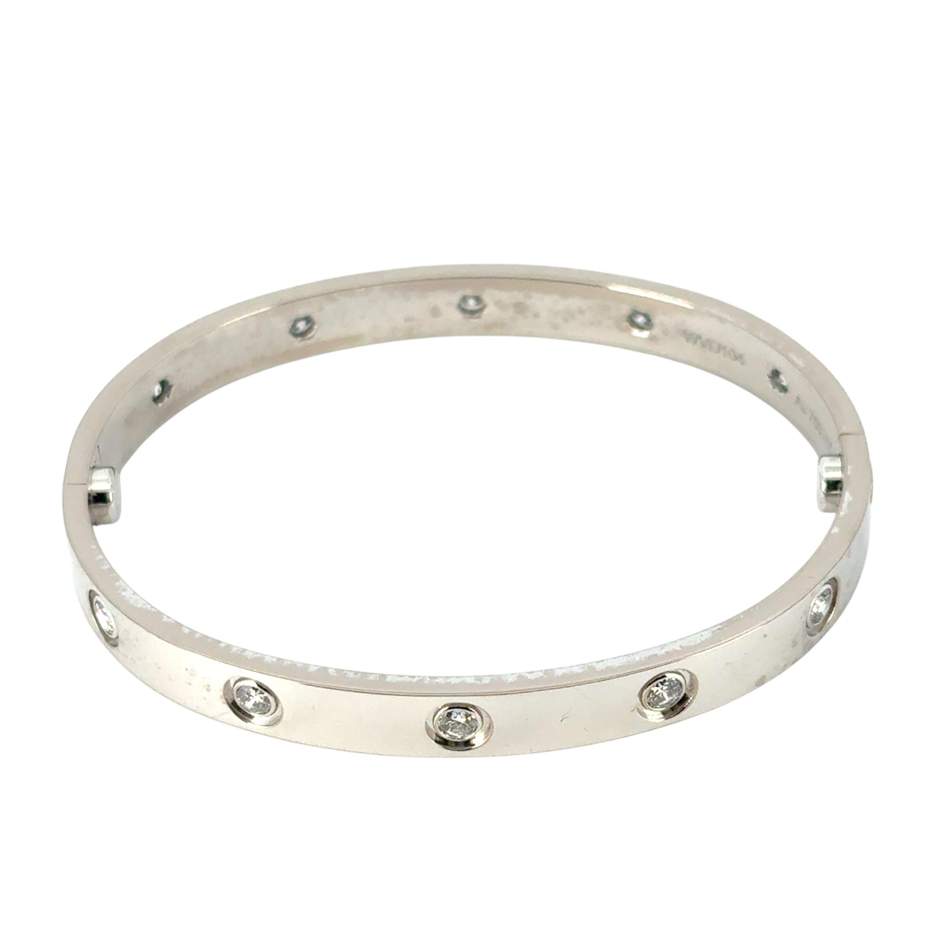 Cartier 18k White Gold Diamond Size 17 Love Bangle Bracelet with Papers and Box For Sale 3