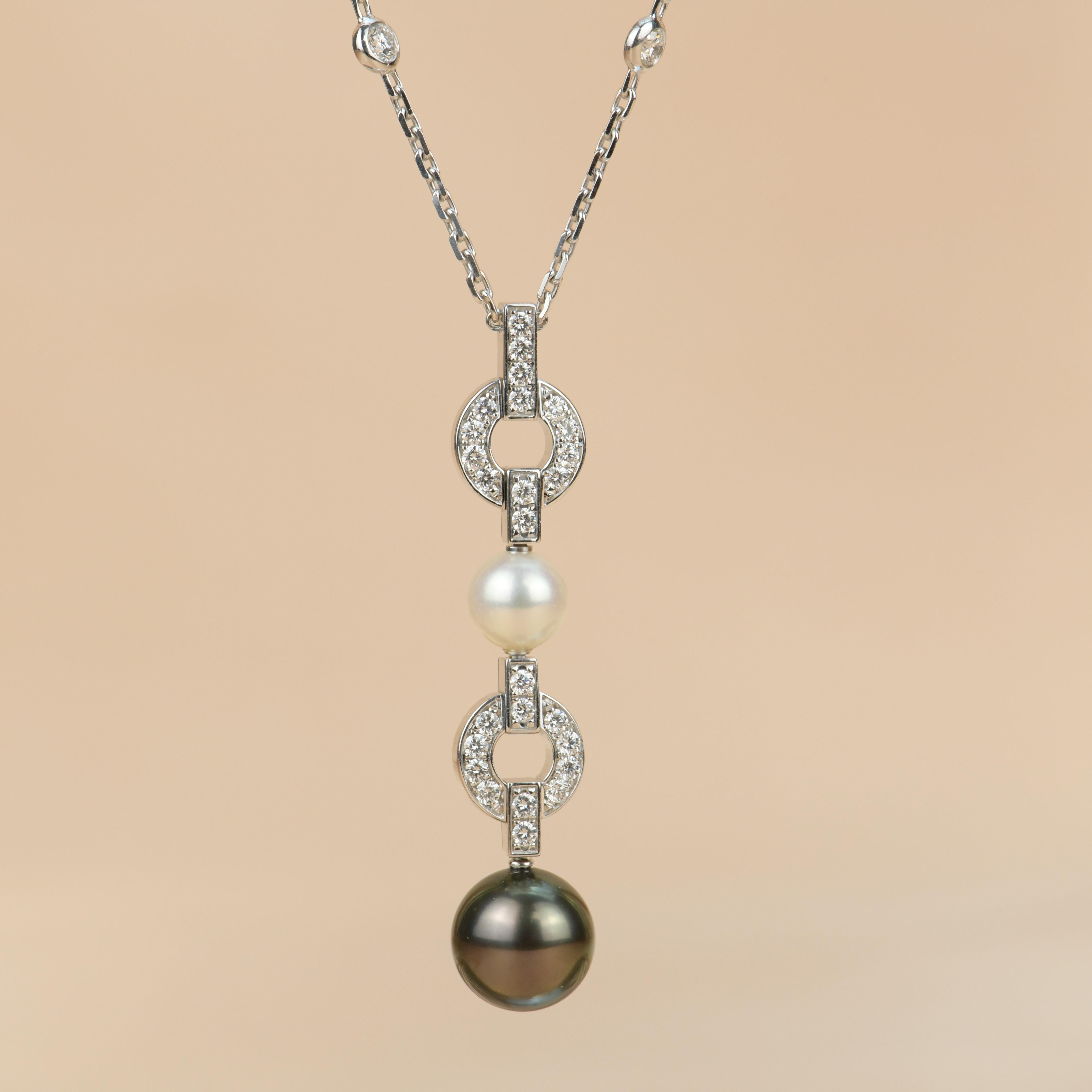 Brilliant Cut Cartier 18k White Gold Diamond Tahitian Pearl Himalia Drop Pendant Necklace