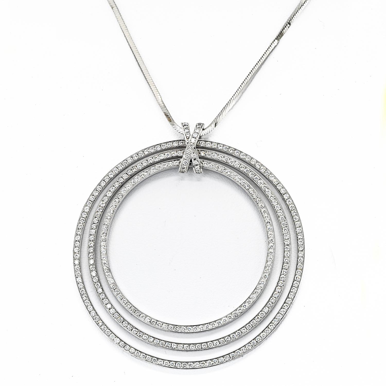 Modern Cartier 18K White Gold Diamond Three Tiered Ring Pave Set Pendant Necklace For Sale