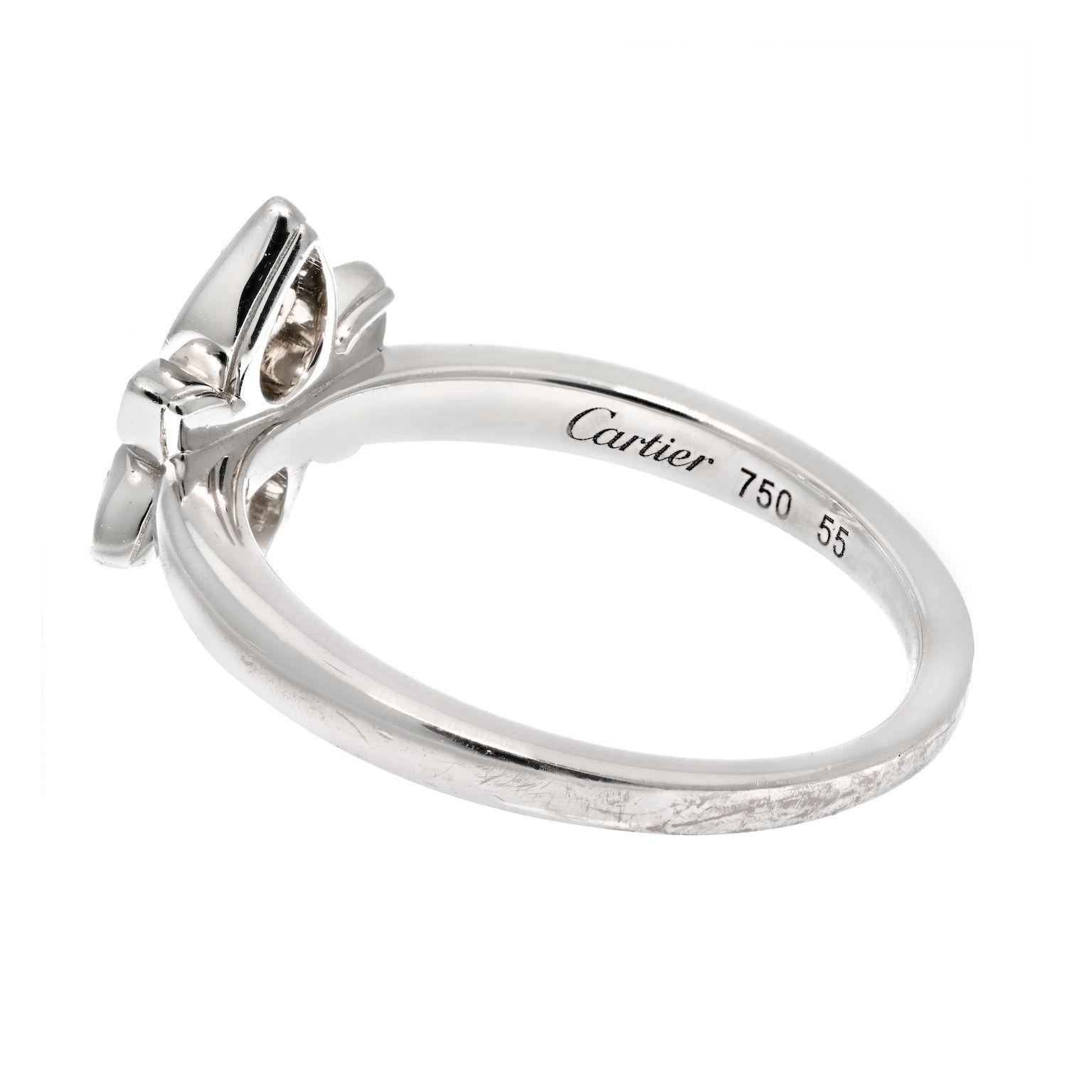  This Petite floral diamond ring by Cartier in 18 white gold is a timeless piece that makes a great gift for any occasion. It has a delicate design featuring center diamonds of about 0.46cttw. The shimmering diamonds create a beautiful and romantic