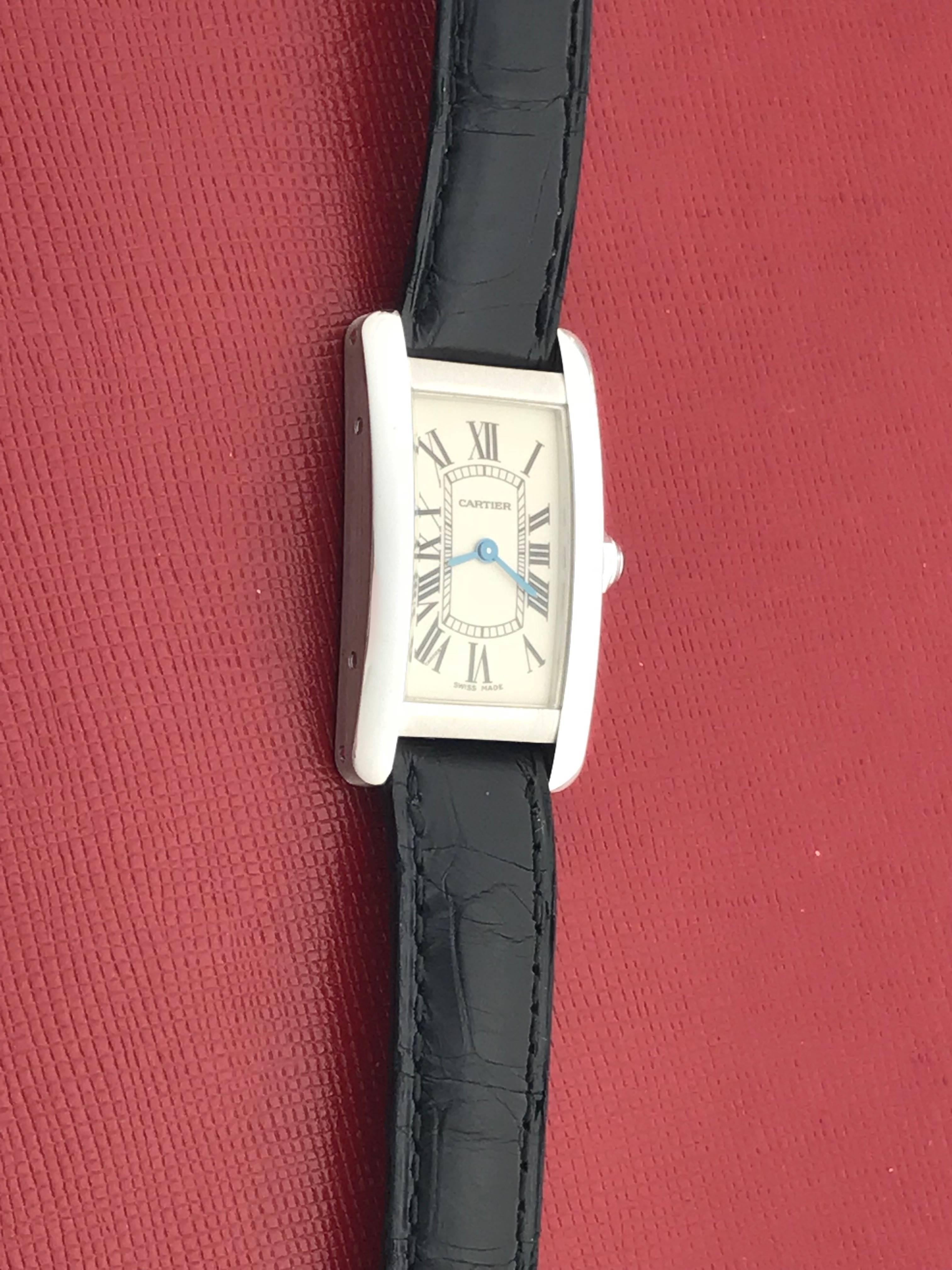 Cartier 18k White Gold Ladies Tank Americaine Quartz Wrist Watch Ref W2601956 In Excellent Condition For Sale In Dallas, TX